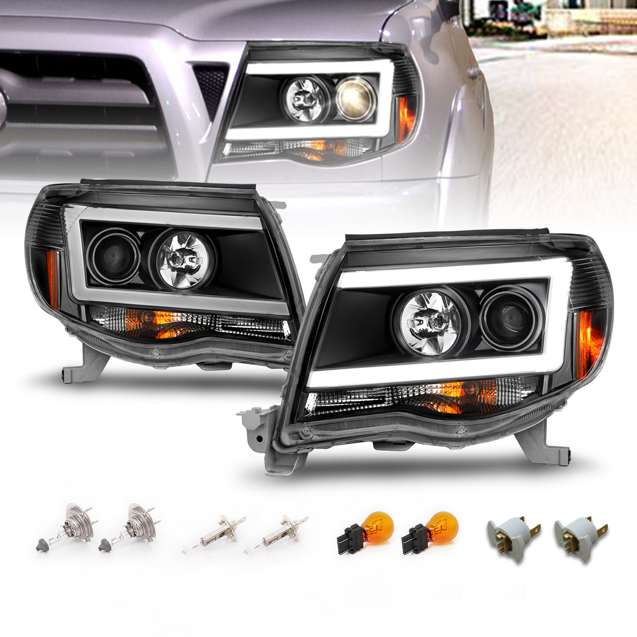 TOYOTA TACOMA 05-11 PROJECTOR LIGHT BAR STYLE HEADLIGHTS BLACK CLEAR AMBER  (W/ C LIGHT BAR)
