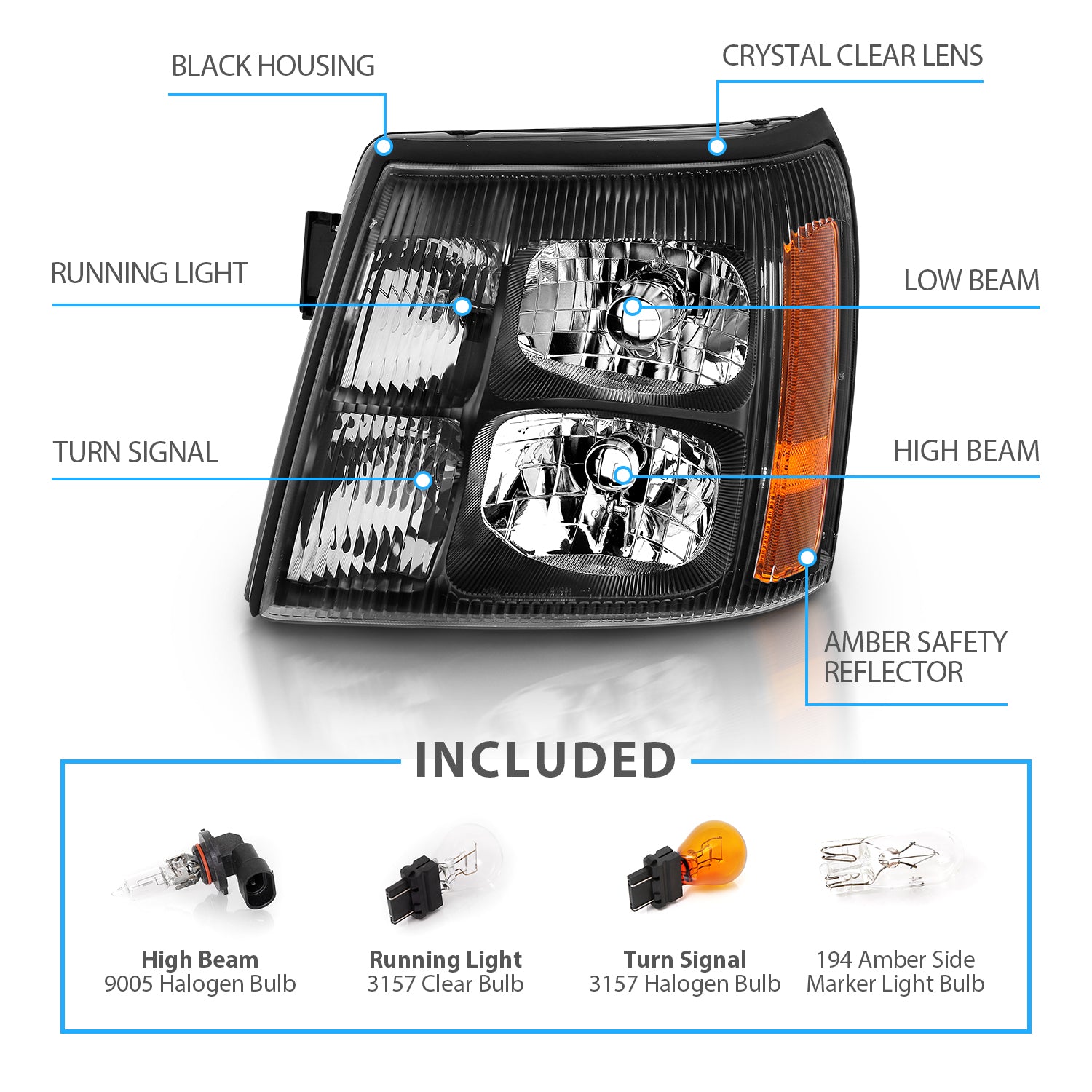 CADILLAC ESCALADE 03-06 HEADLIGHTS BLACK AMBER