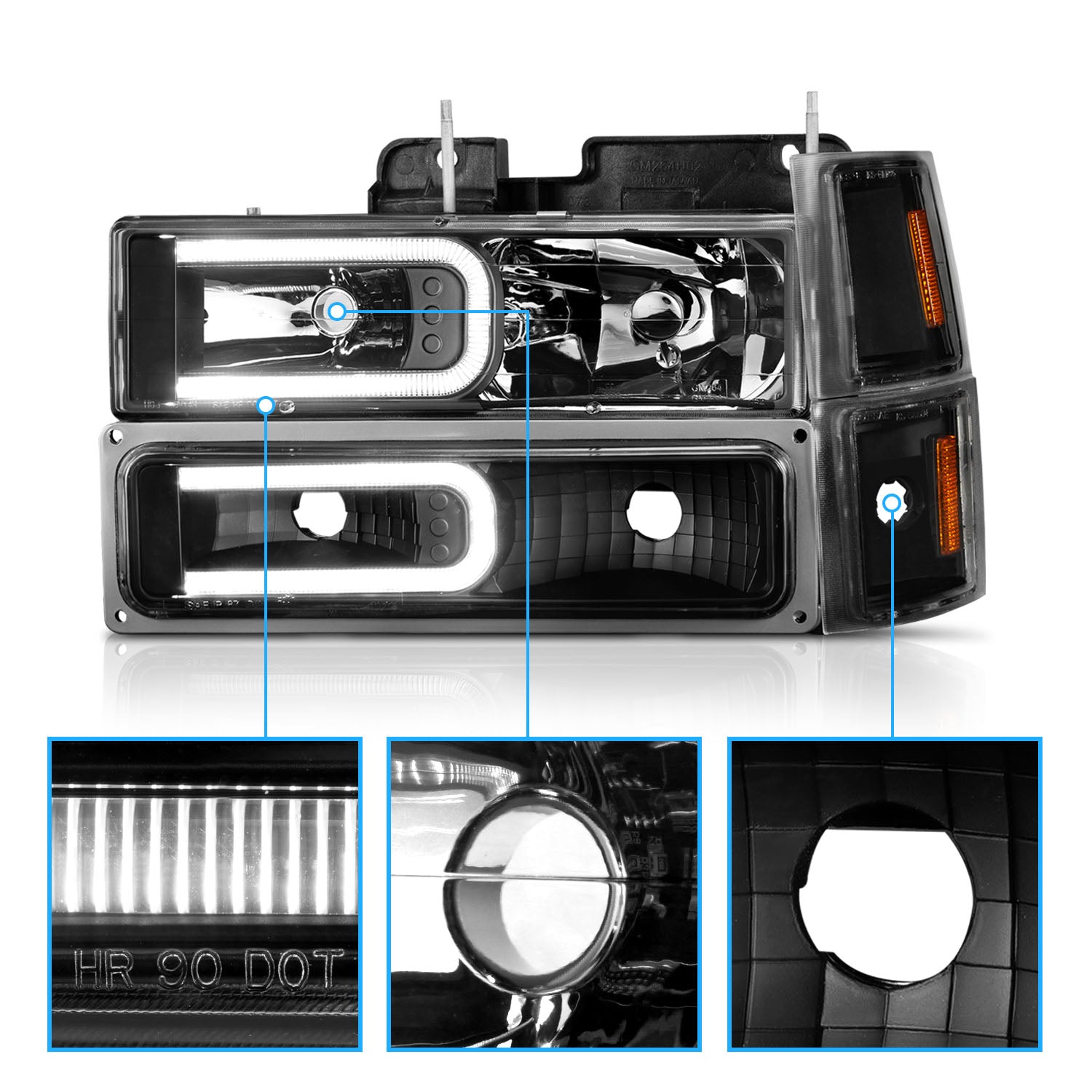 CHEVY CK / C10 /SILVERADO/ TAHOE / SUBURBAN/BLAZER 94-98 HEADLIGHTS  W/ SIGNAL & SIDE MARKERS (8PCS) SET BLACK HOUSING CLEAR LENS W/ C LIGHT BAR