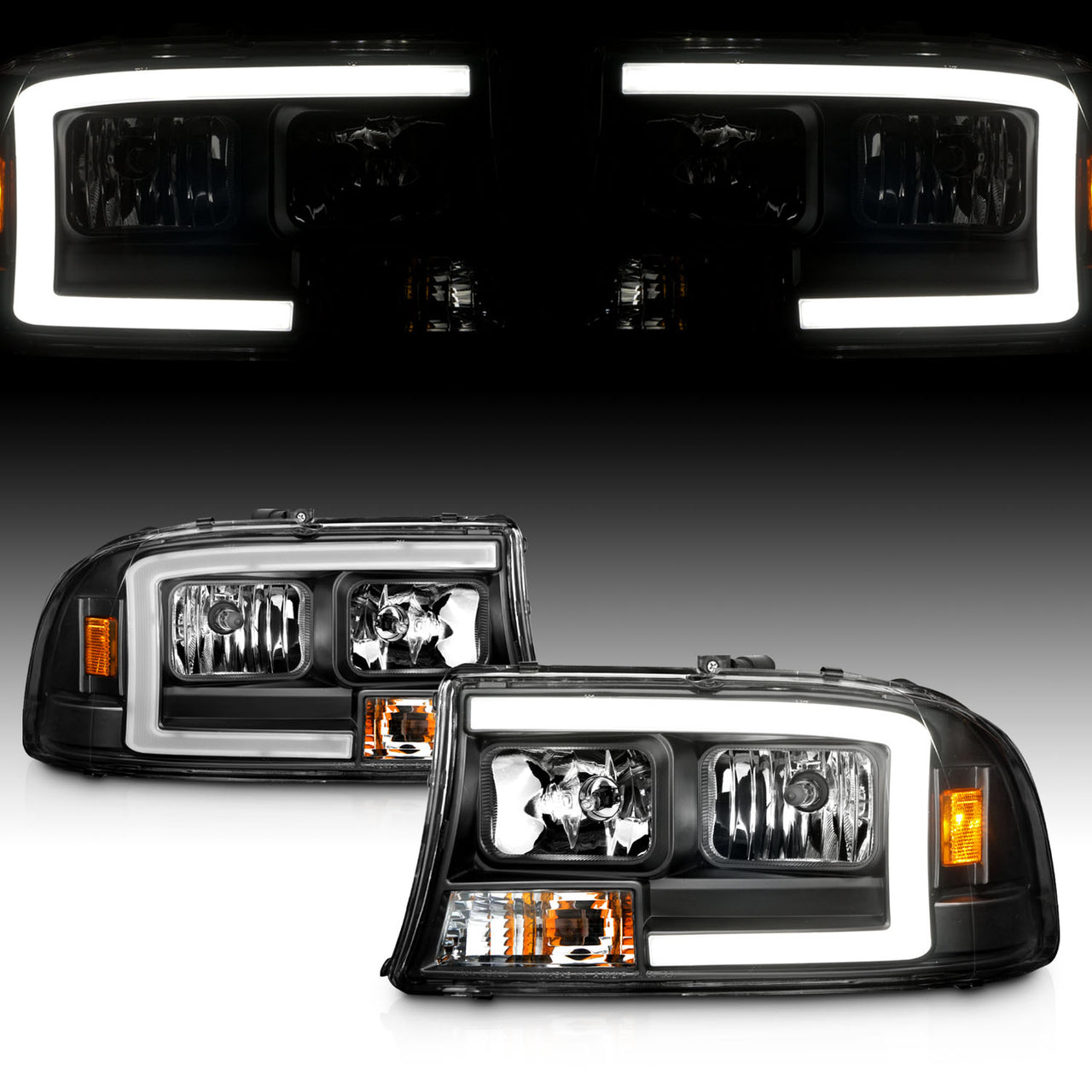 DODGE DAKOTA/DURANGO 97-04/98-03 HEADLIGHTS BLACK W/C LIGHT BAR