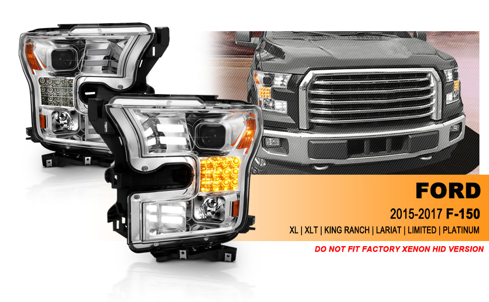 FORD F-150 15-17 PROJECTOR LIGHT BAR STYLE HEADLIGHTS CHROME HOUSING AMBER (SEQUENTIAL SIGNAL)