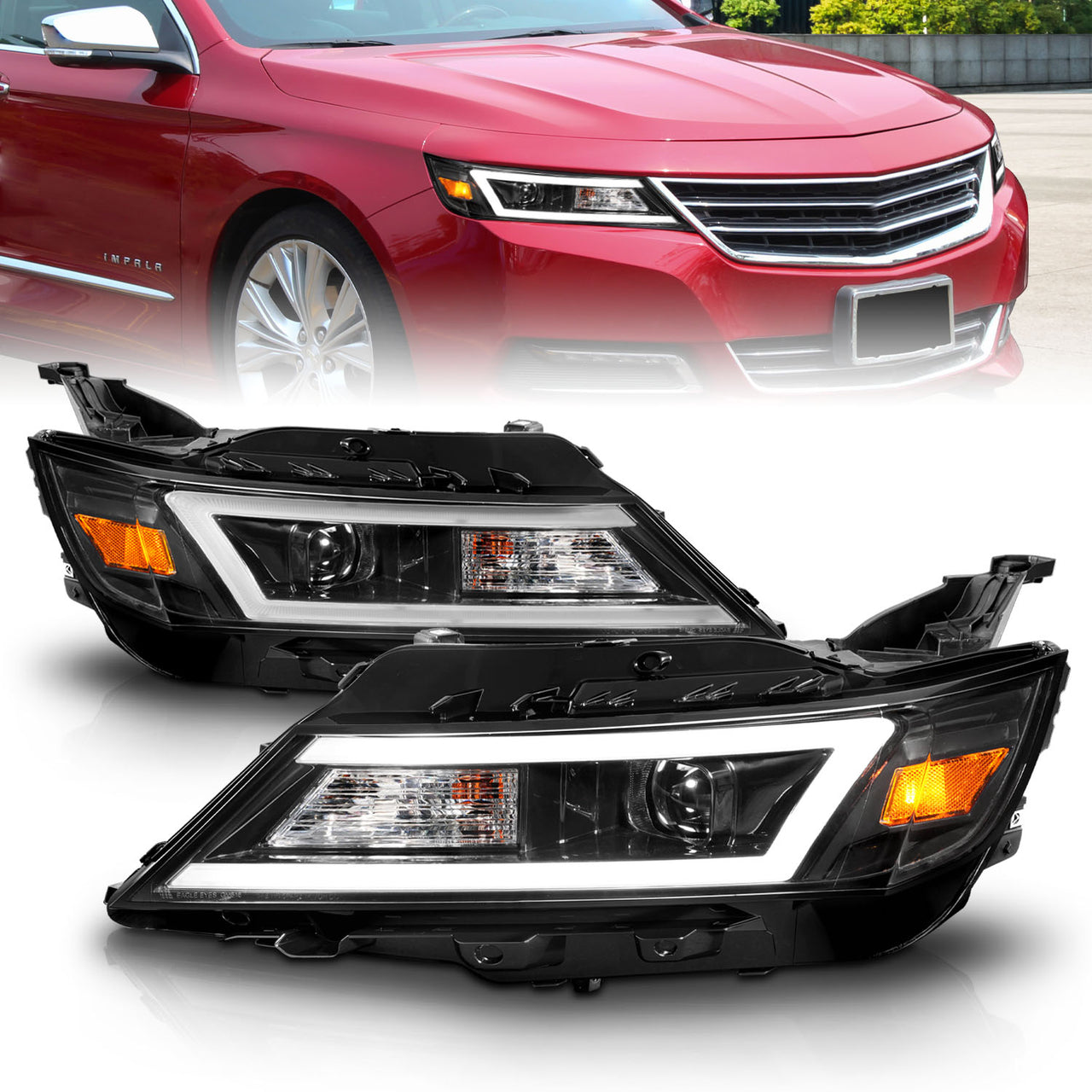 CHEVY IMPALA 14-20 PROJECTOR LIGHT BAR STYLE HEADLIGHTS BLACK AMBER