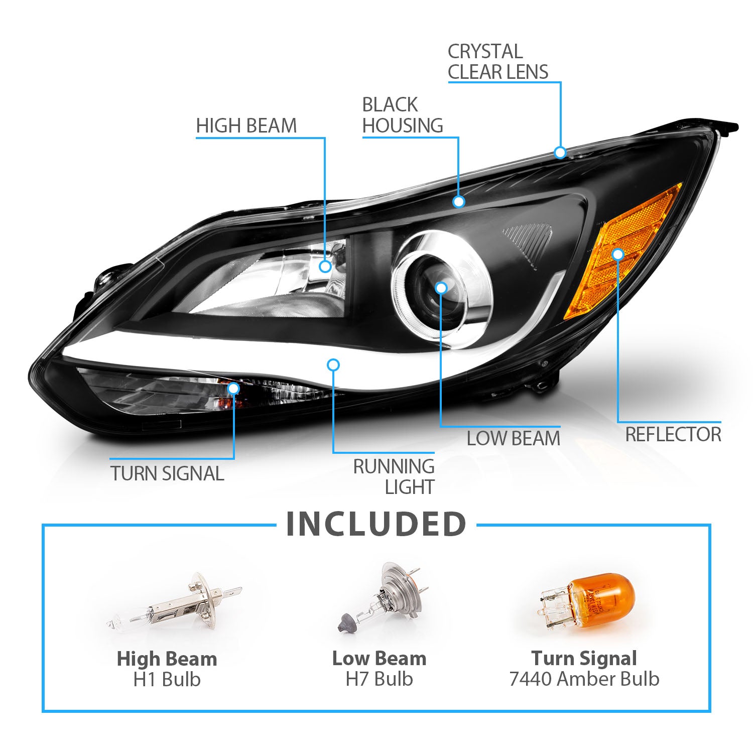 FORD FOCUS 12-13 PROJECTOR LIGHT BAR STYLE HEADLIGHTS BLACK CLEAR AMBER