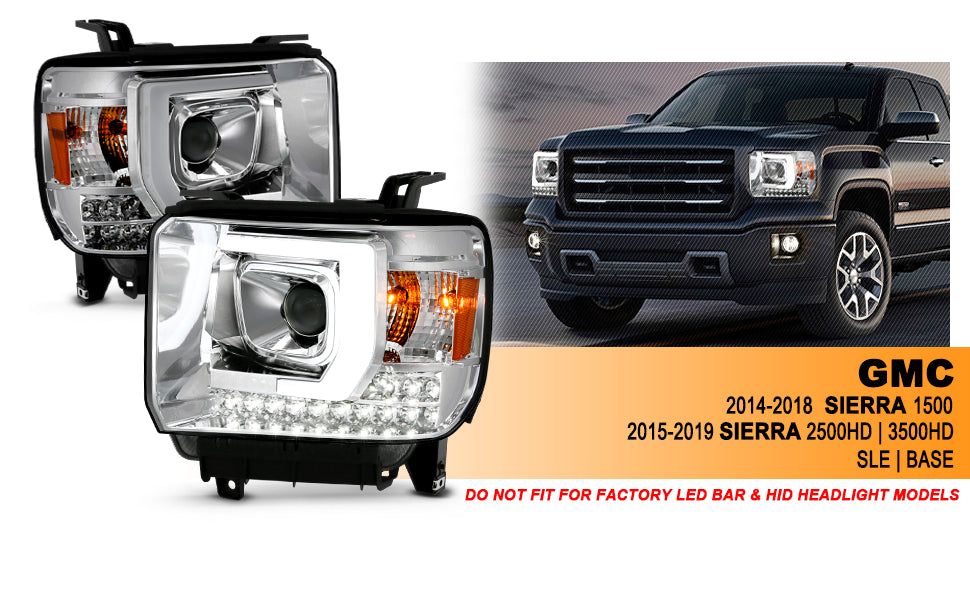 GMC SIERRA 1500嚙?4-15/2500HD/3500HD 15-19 PROJECTOR嚙?LIGHT BAR STYLE HEADLIGHTS CHROME W/ DRL嚙?HALOGEN TYPE MODEL W/O FACTORY DRL)