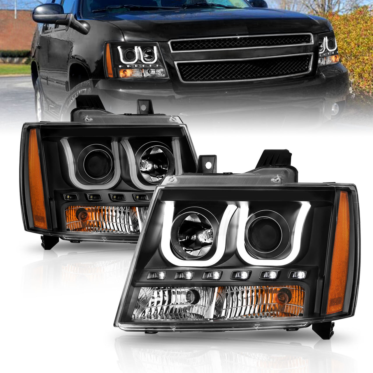 CHEVY TAHOE/SUBURBAN/AVALANCHE 07-13/TAHOE HYBRID 08-13 PROJECTOR U-BAR STYLE HEADLIGHTS BLACK  AMBER