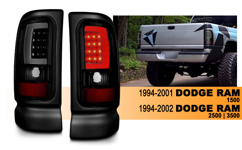 DODGE RAM 94-01  LED TAIL LIGHTS BLACK HOUSING SMOKE LENS W/ C LIGHT BAR