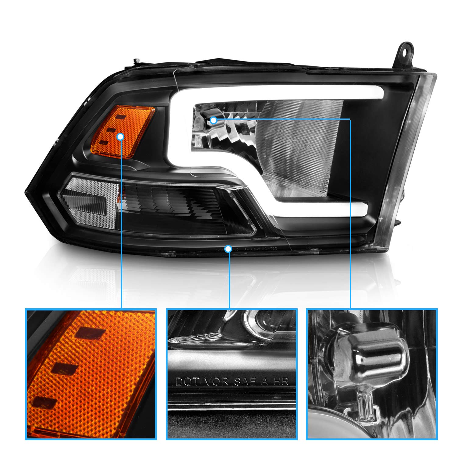 DODGE RAM 09-20 LIGHT BAR STYLE HEADLIGHTS BLACK HOUSING G2 AMBER  (HALOGEN TYPE)