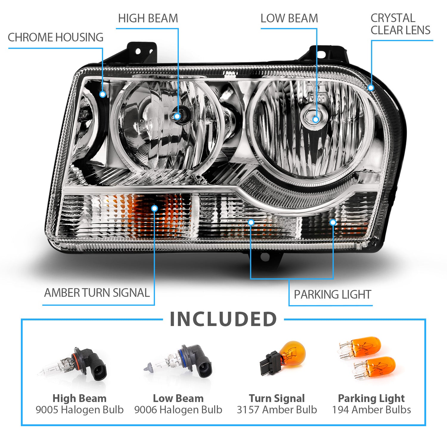 CHRYSLER 300 05-UP CRYSTAL HEADLIGHTS CHROME AMBER