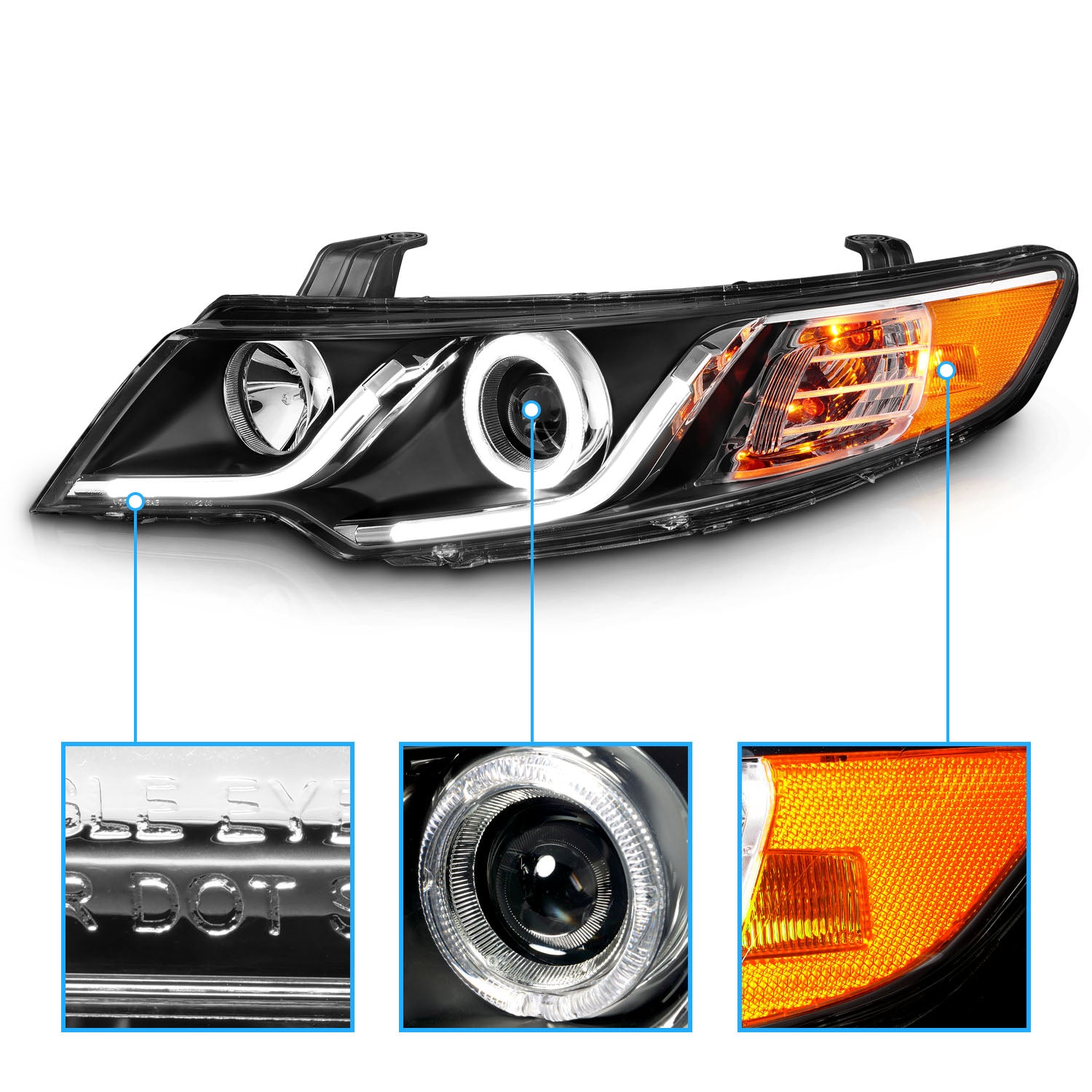 KIA FORTE 10-13 PROJECTOR HEADLIGHTS HALO BLACK CLEAR G3 AMBER