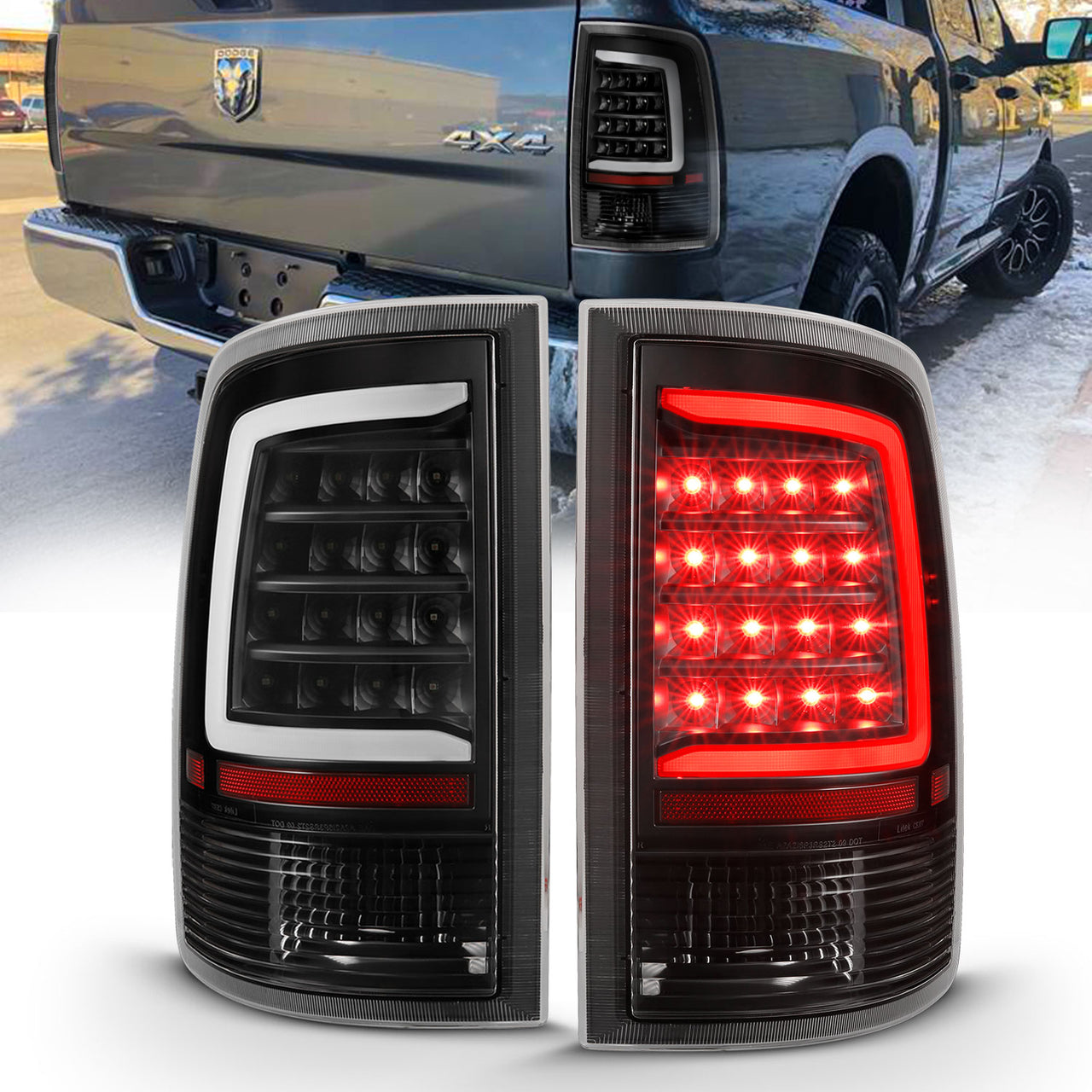 DODGE RAM 1500 09-18/ 2500 3500 10-18 LED TAIL LIGHTS BLACK HOUSING CLEAR LENS W/ C LIGHT BAR (NOT COMPATIBLE W/ ORIGINAL LED VERSION)