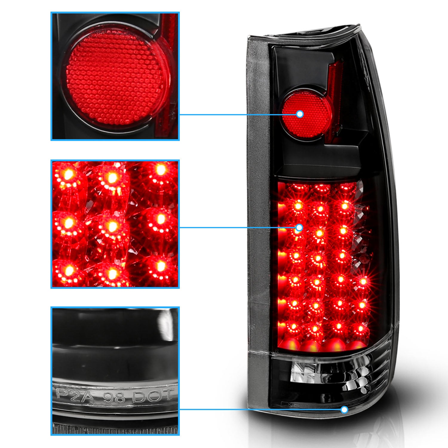 Chevy/GMC C/K 1500/2500/3500 88-99, SUBURBAN/YUKON 92-00, TAHOE 94-00, BLAZER 92-94, CADILLAC ESCALADE 99-00 LED TAIL LIGHTS BLACK HOUSING CLEAR LENS G2