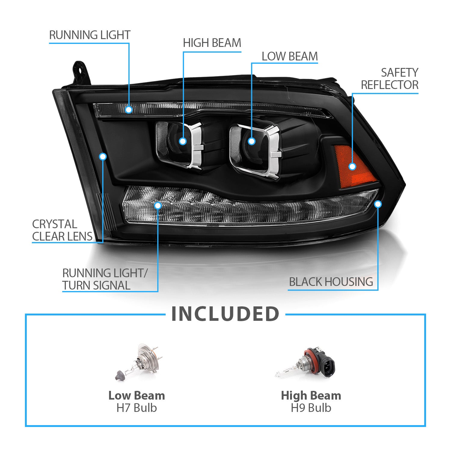 DODGE RAM R1500 09-20/10-20 R2500/R3500 (CODE LMA) (W/O QUAD LAMP) DG RAM SPORT 13-20 PROJECTOR SWITCHBACK HEADLIGHTS BLACK AMBER