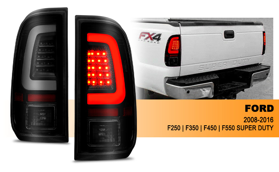 FORD F-250/SUPER DUTY 08-16 LED TAIL LIGHTS BLACK HOUSING SMOKE LENS (W/ C LIGHTS BAR)