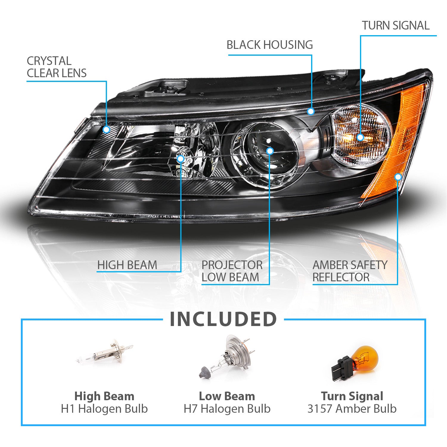 HYUNDAI SONATA 06-08 (2.4/3.3L ENG) HEADLIGHTS BLACK AMBER