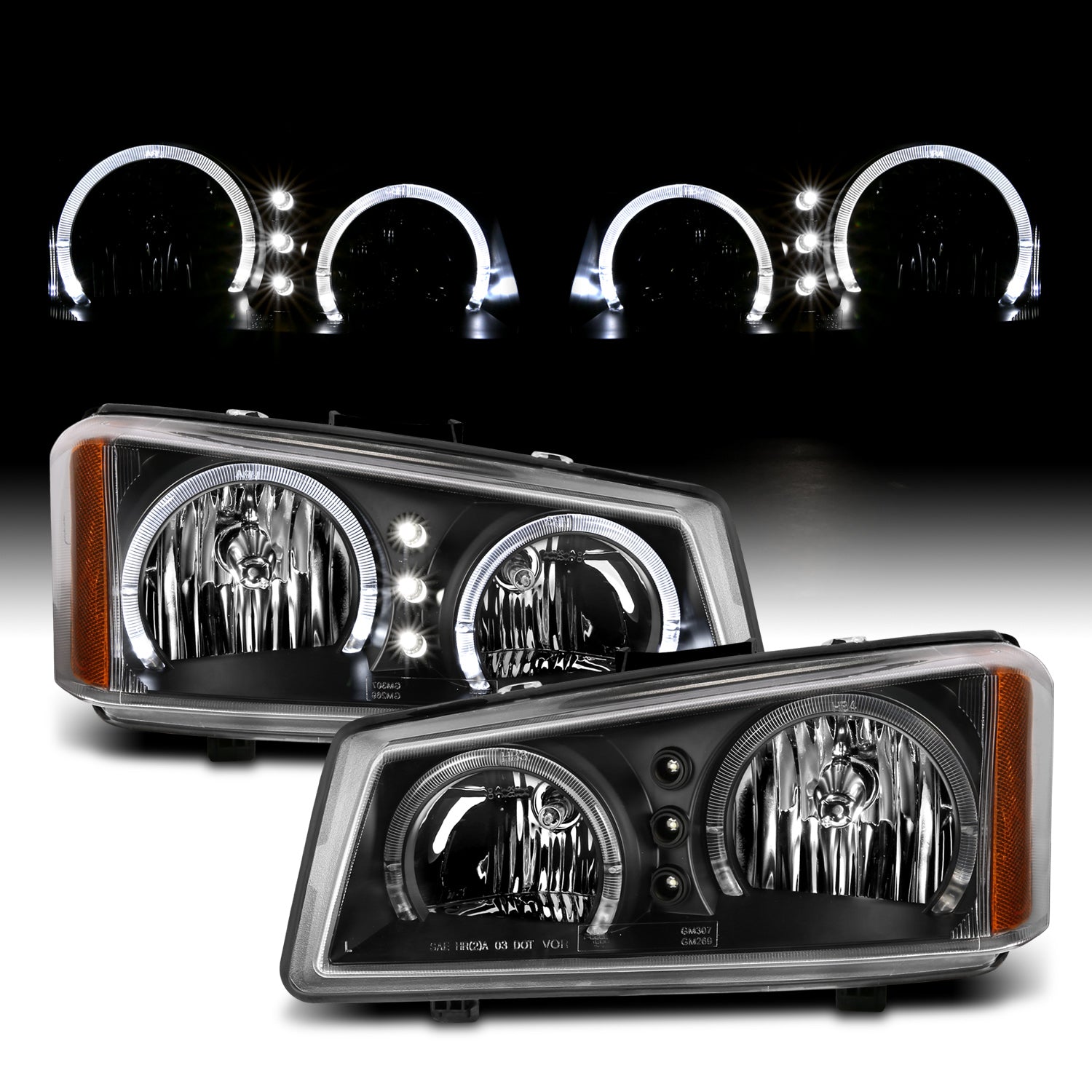 CHEVY SILVERADO 03-06 HEADLIGHTS BLACK 2 HALO W/ LED AMBER