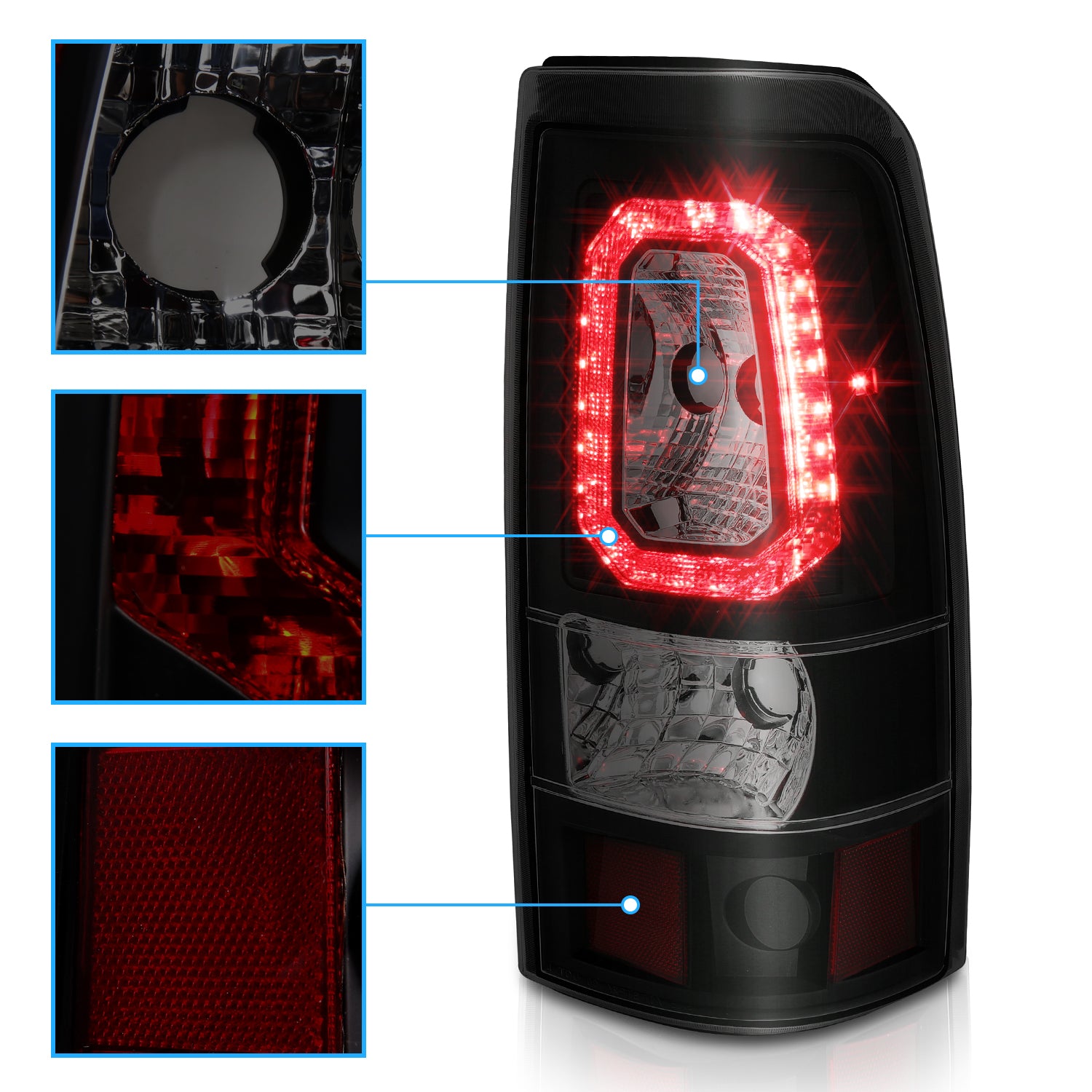 GMC SIERRA 99-07/CHEVY SILVERADO 99-03 (1500/2500 SERIES 99-02 & 3500 SERIES 2003) LED TAIL LIGHTS RED COLOR LIGHT BAR BLACK HOUSING SMOKE LENS (3 HOLE)