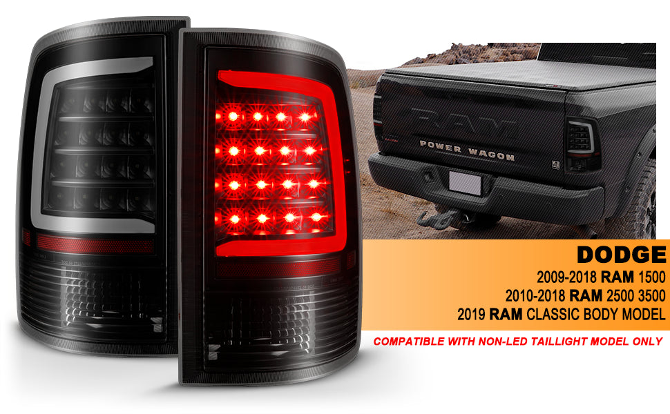 DODGE RAM 1500 09-18/ 2500 3500 10-18 LED TAIL LIGHTS BLACK HOUSING SMOKE LENS W/ C LIGHT BAR (NOT COMPATIBLE W/ ORIGINAL LED VERSION)