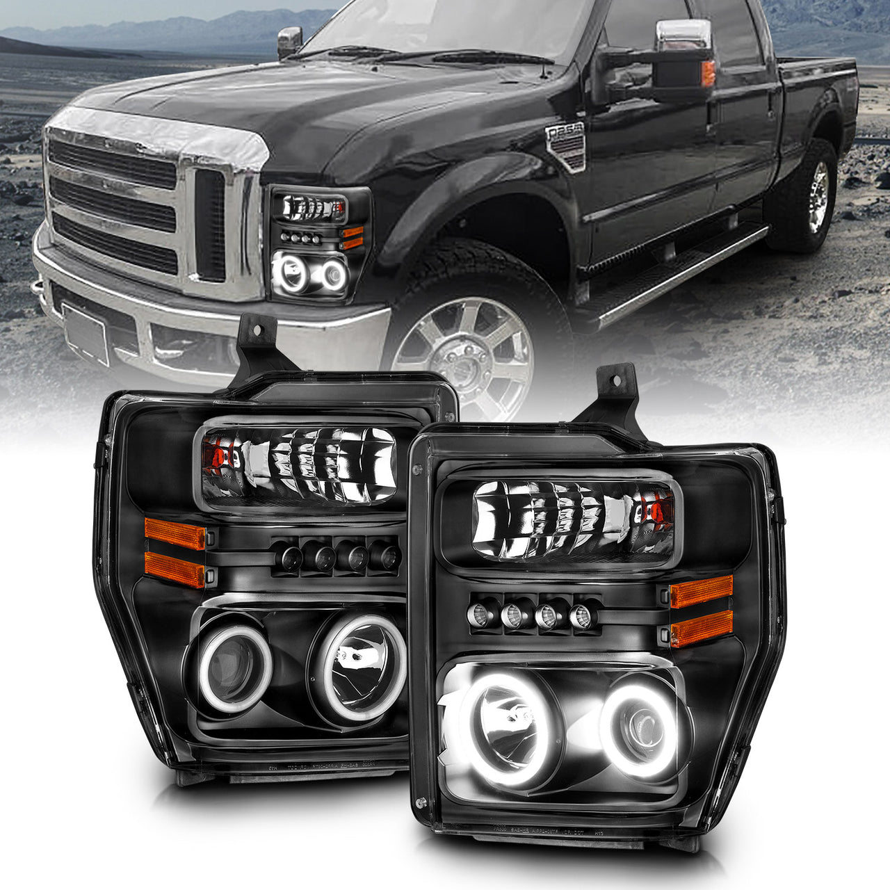 FORD F-250/SUPER DUTY 08-10 PROJECTOR HEADLIGHTS HALO W/O CCFL BAR  BLACK CLEAR AMBER (RX HALO)