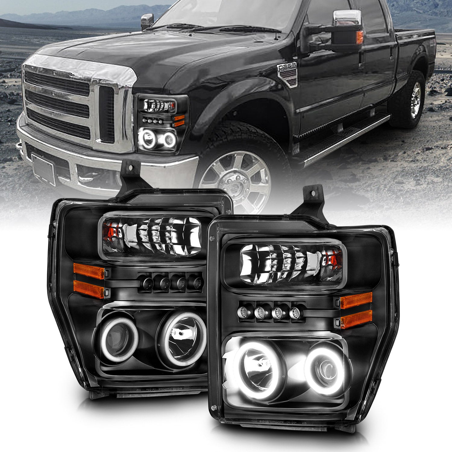 FORD F-250/SUPER DUTY 08-10 PROJECTOR HEADLIGHTS HALO W/O CCFL BAR  BLACK CLEAR AMBER (RX HALO)