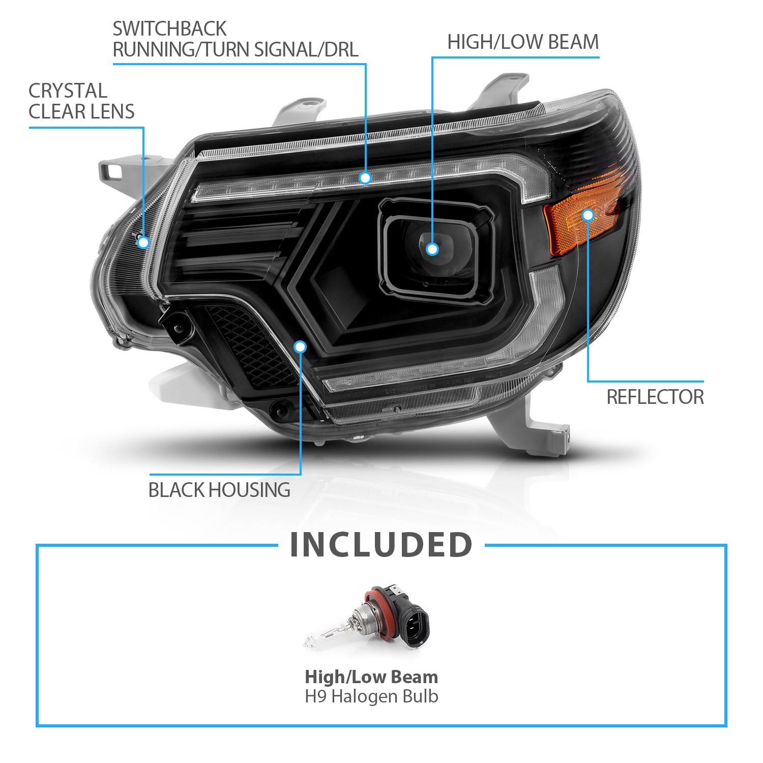 TOYOTA TACOMA 12-15  PROJECTOR SWITCHBACK HEADLIGHTS BLACK AMBER (W/ C LIGHTS BAR)