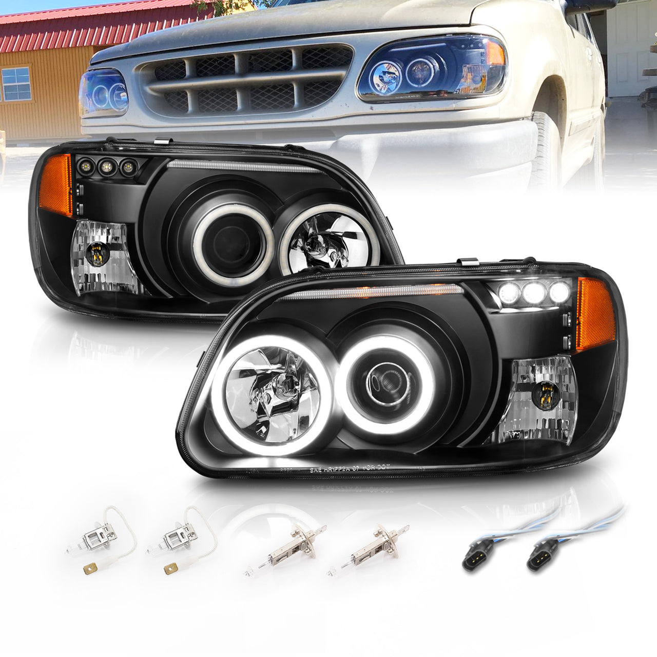FORD EXPLORER 95-01 PROJECTOR HEADLIGHTS 1PC BLACK CLEAR AMBER (RX HALO)