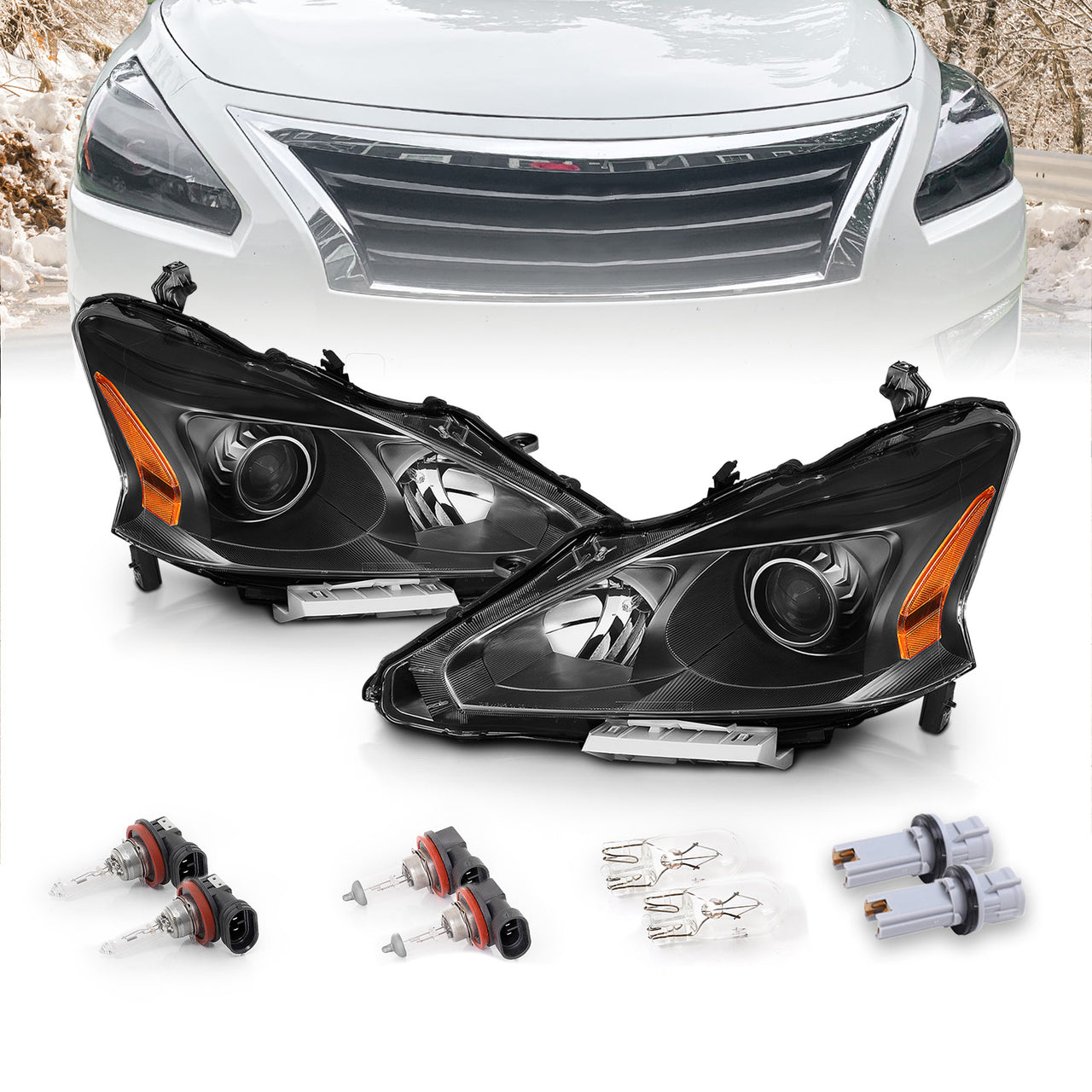 NISSAN ALTIMA 13-15 HEADLIGHTS 4D CRYSTAL BLACK AMBER