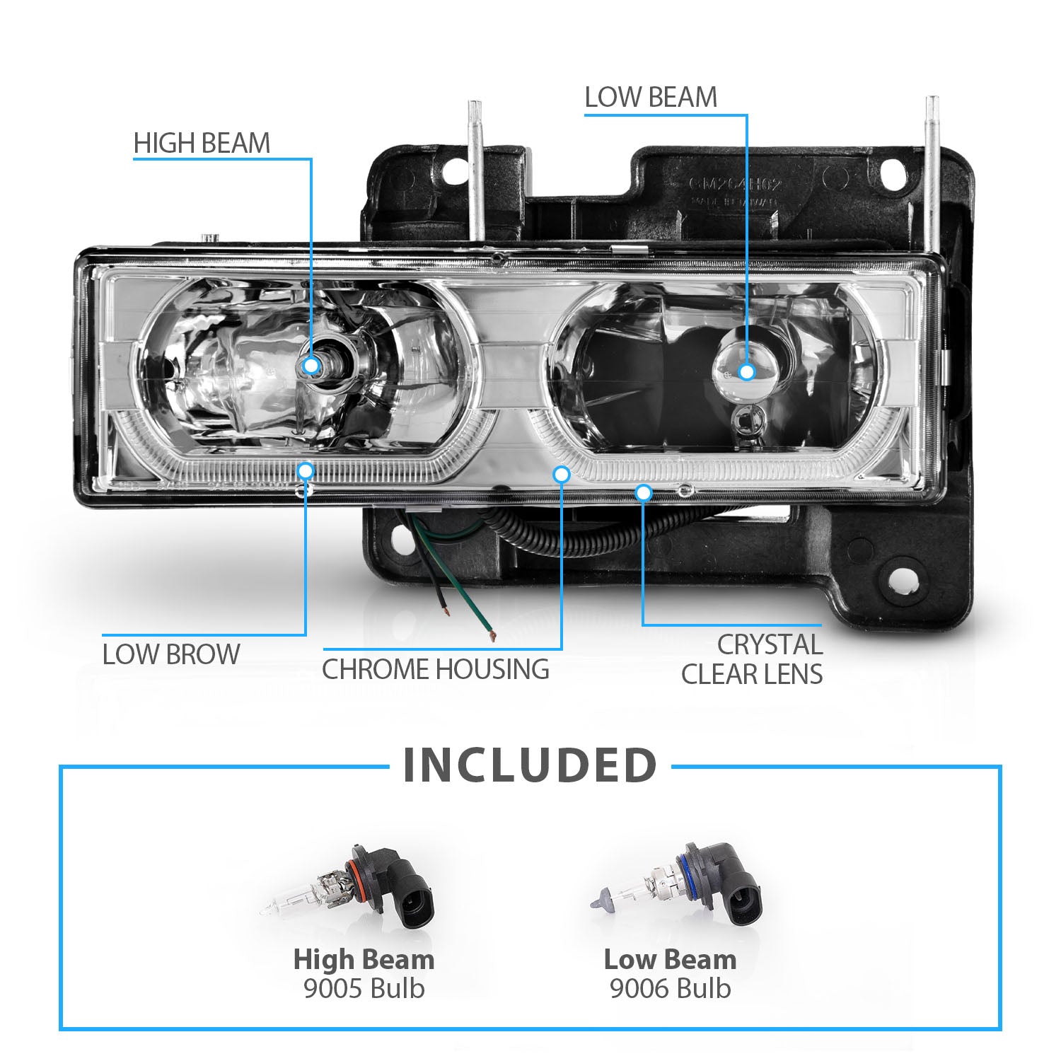 CHEVY FULLSIZE 88-98 LOW-BROW STYLE CRYSTAL HEADLIGHTS CHROME CLEAR