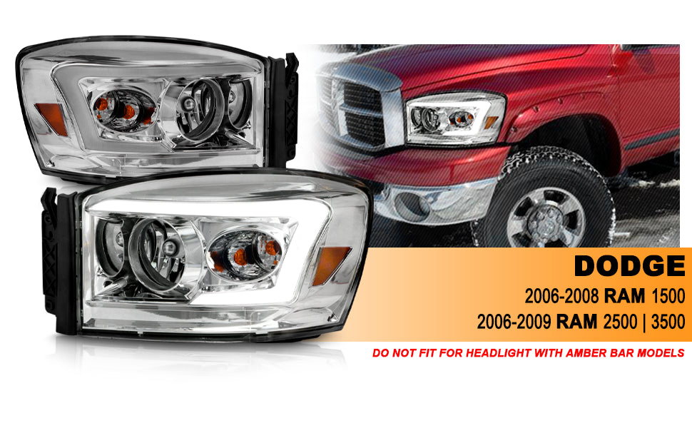 DODGE RAM 1500 06-08/ 2500/3500 06-09  CHROME HEADLIGHTS AMBER (W/ C LIGHT BAR)