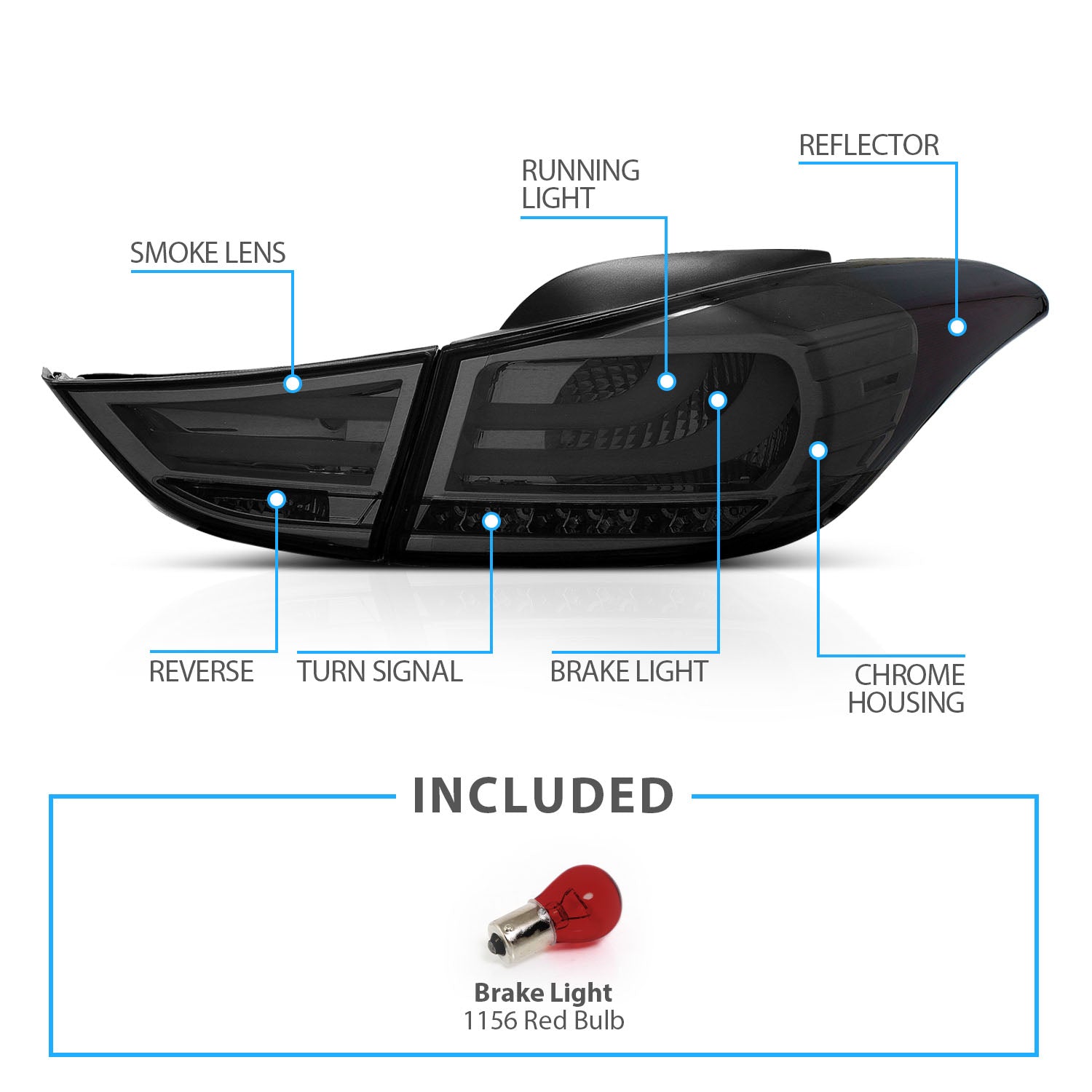 HYUNDAI ELANTRA 11-UP LED TAIL LIGHTS SMOKE (4 PCS) (OUTER PCS W/ BULB)
