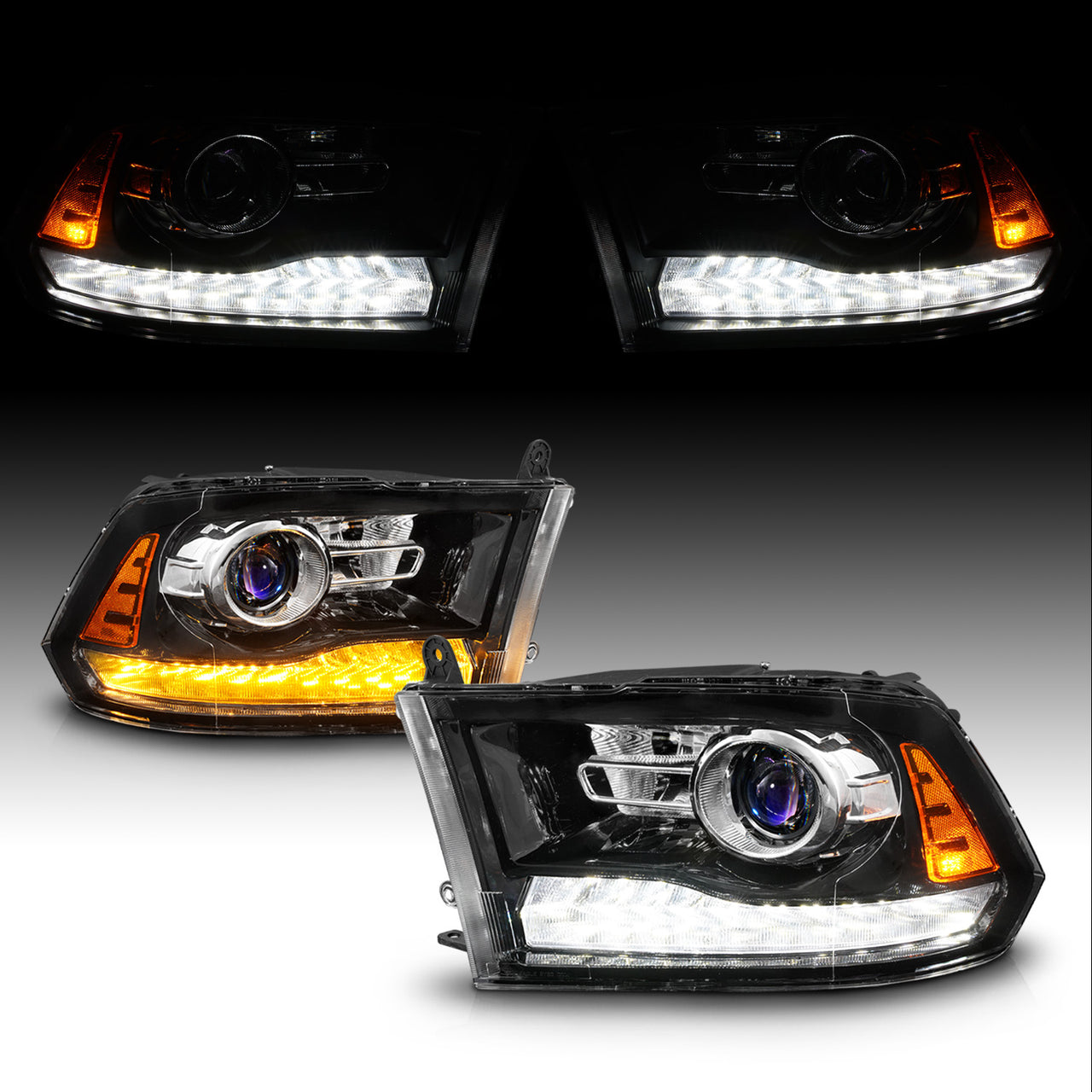 DODGE RAM 1500 09-19(09-12, W/O QUAD),  2500/3500 10-18 PROJECTOR HEADLIGHTS LIGHT BLACK HOUSING CLEAR LENS SEQUENTIAL LIGHT BAR