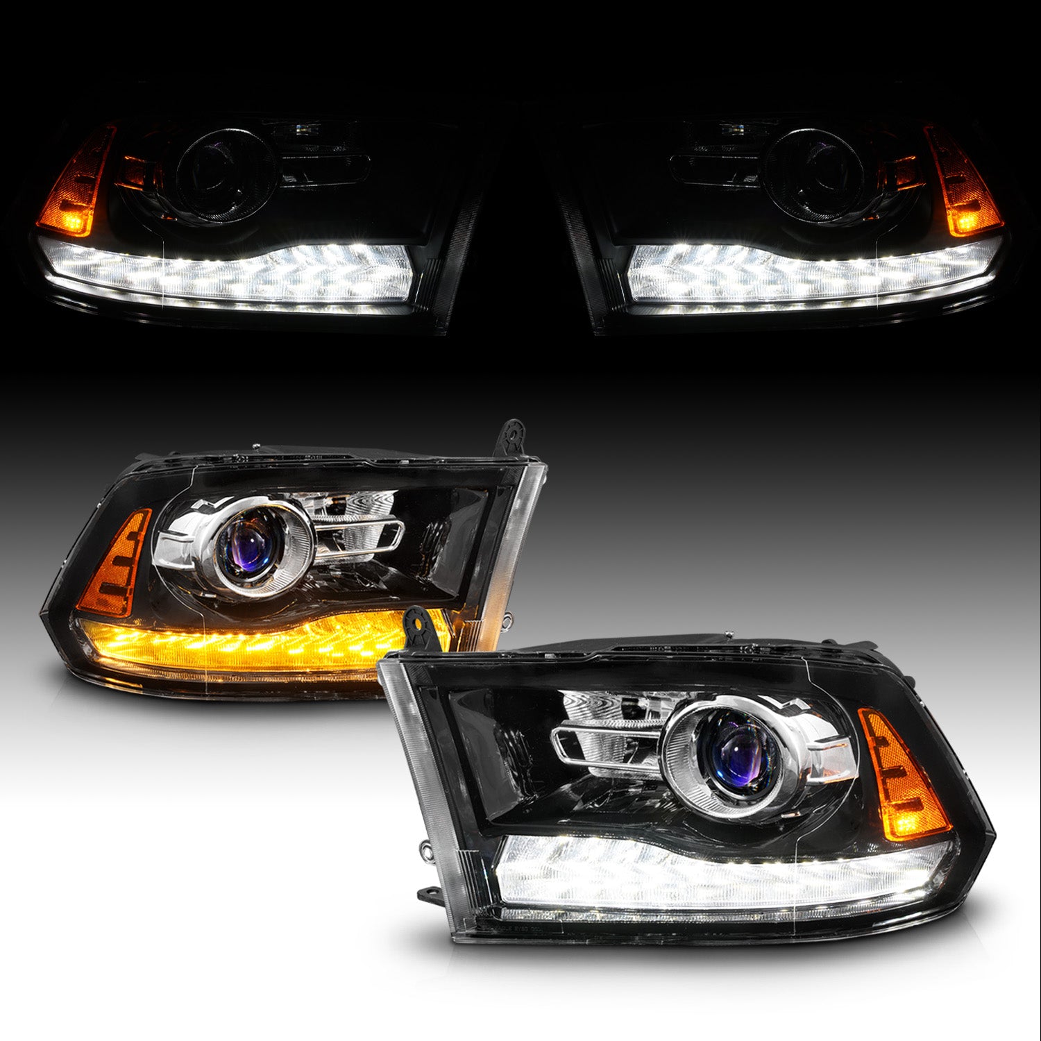 DODGE RAM 1500 09-19(09-12, W/O QUAD),  2500/3500 10-18 PROJECTOR HEADLIGHTS LIGHT BLACK HOUSING CLEAR LENS SEQUENTIAL LIGHT BAR