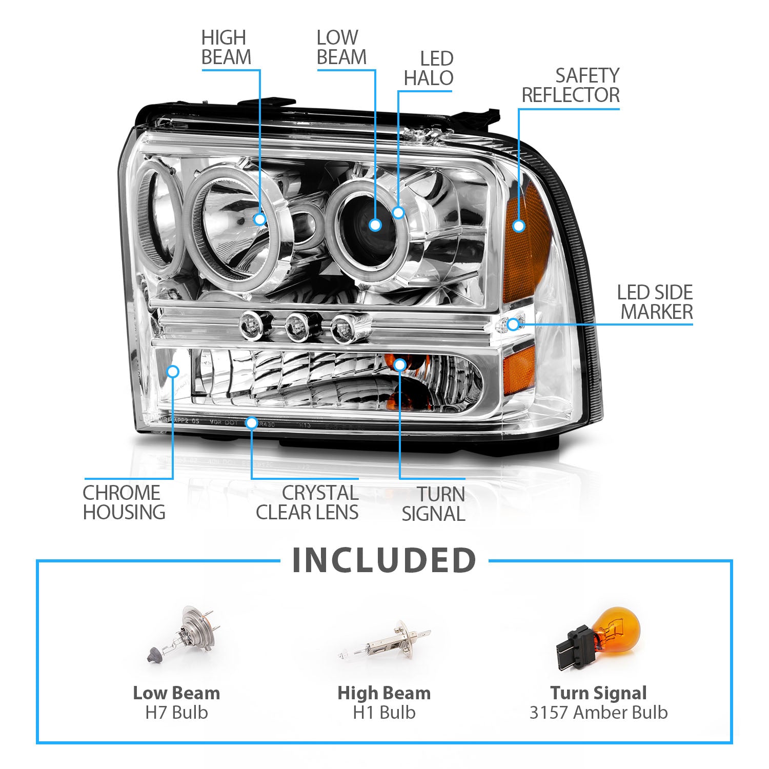 FORD F-250/350/450/550 SUPERDUTY 05-07/EXCURSION 2005 PROJECTOR HEADLIGHTS CHROME CLEAR W/ LED STRIP (SMD LED) 1PC