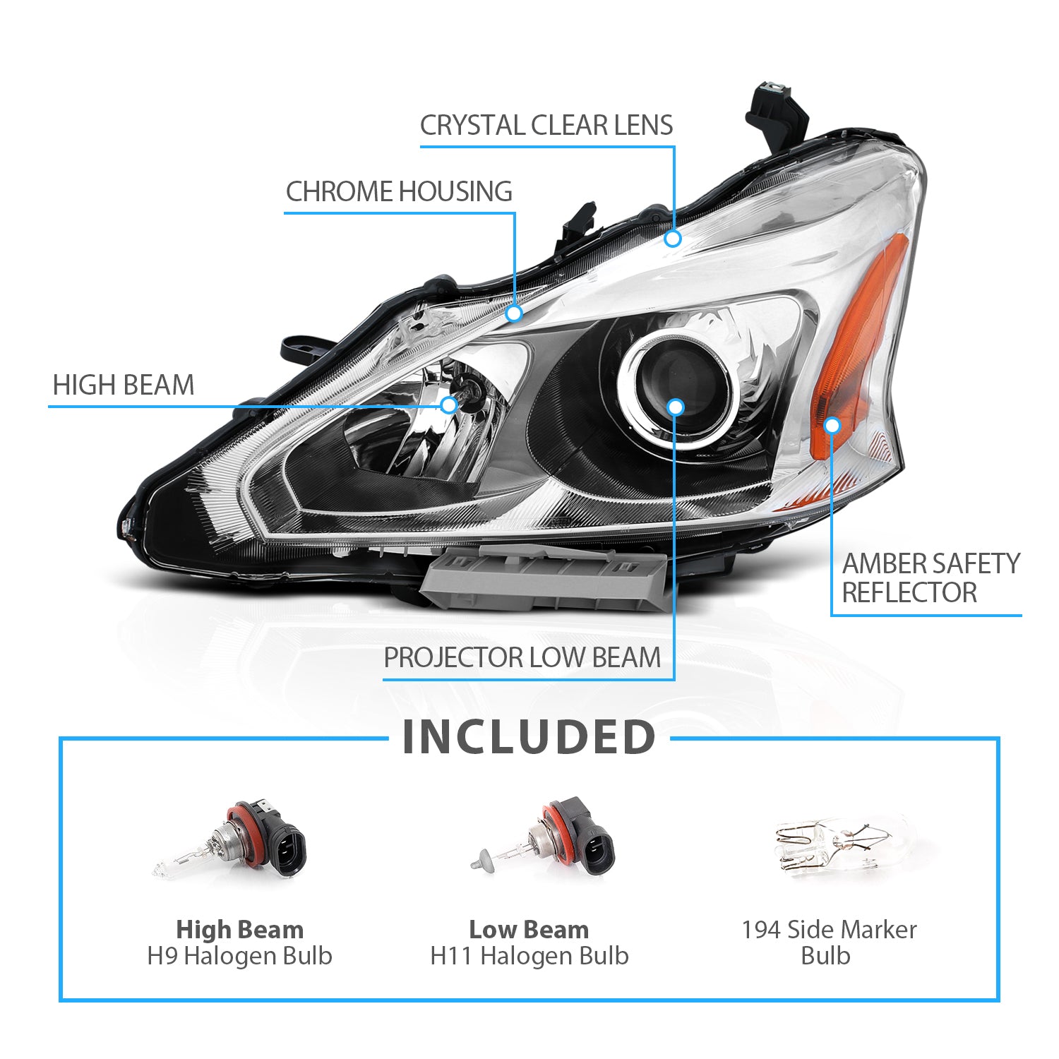 NISSAN ALTIMA 13-15 HEADLIGHTS 4D CRYSTAL CHROME AMBER