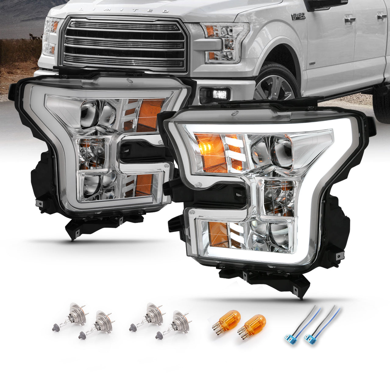 FORD F-150 15-17 PROJECTOR LIGHT BAR STYLE HEADLIGHTS G3 CHROME AMBER
