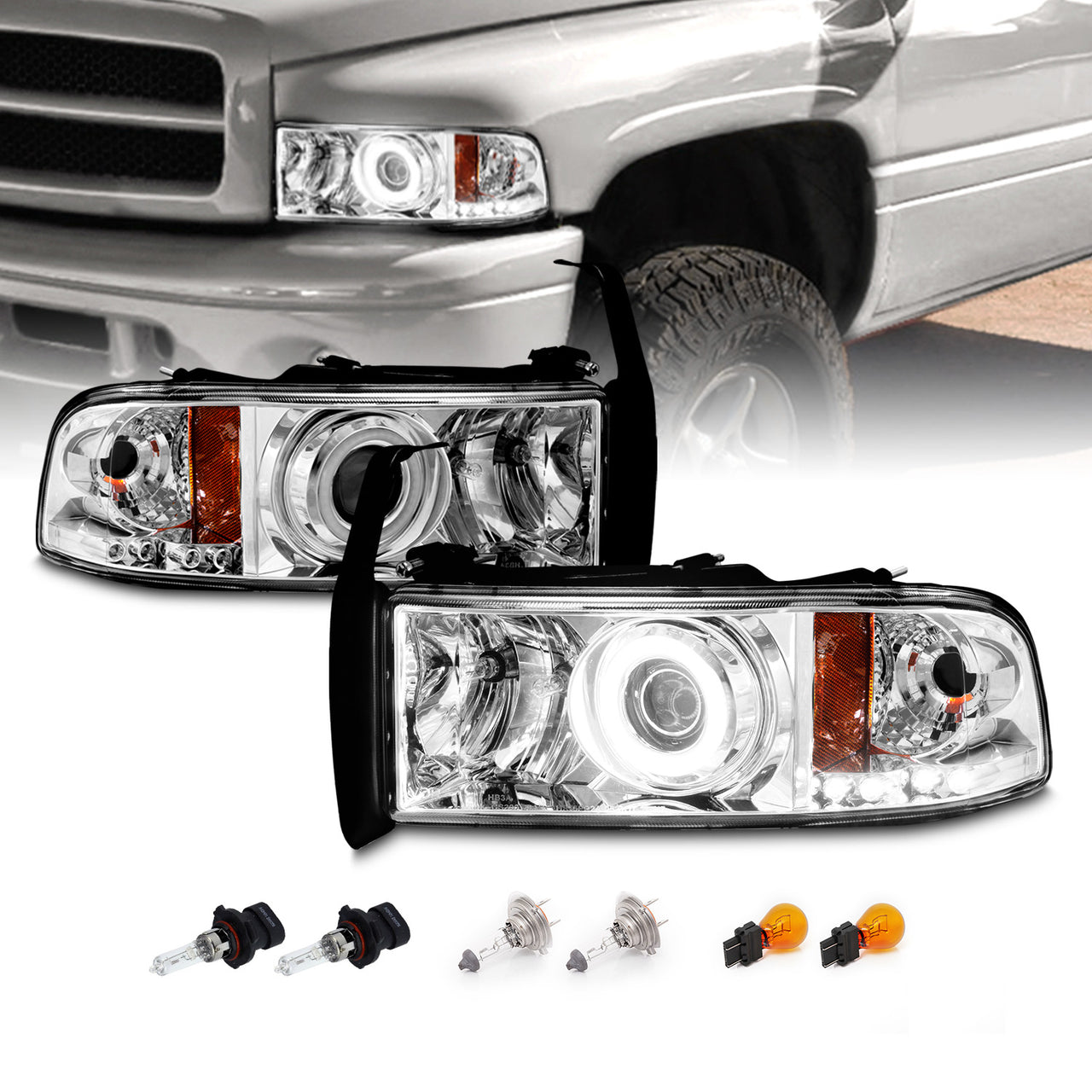 DODGE RAM 94-01 PROJECTOR HEADLIGHTS HALO CHROME CLEAR AMBER (RX HALO)