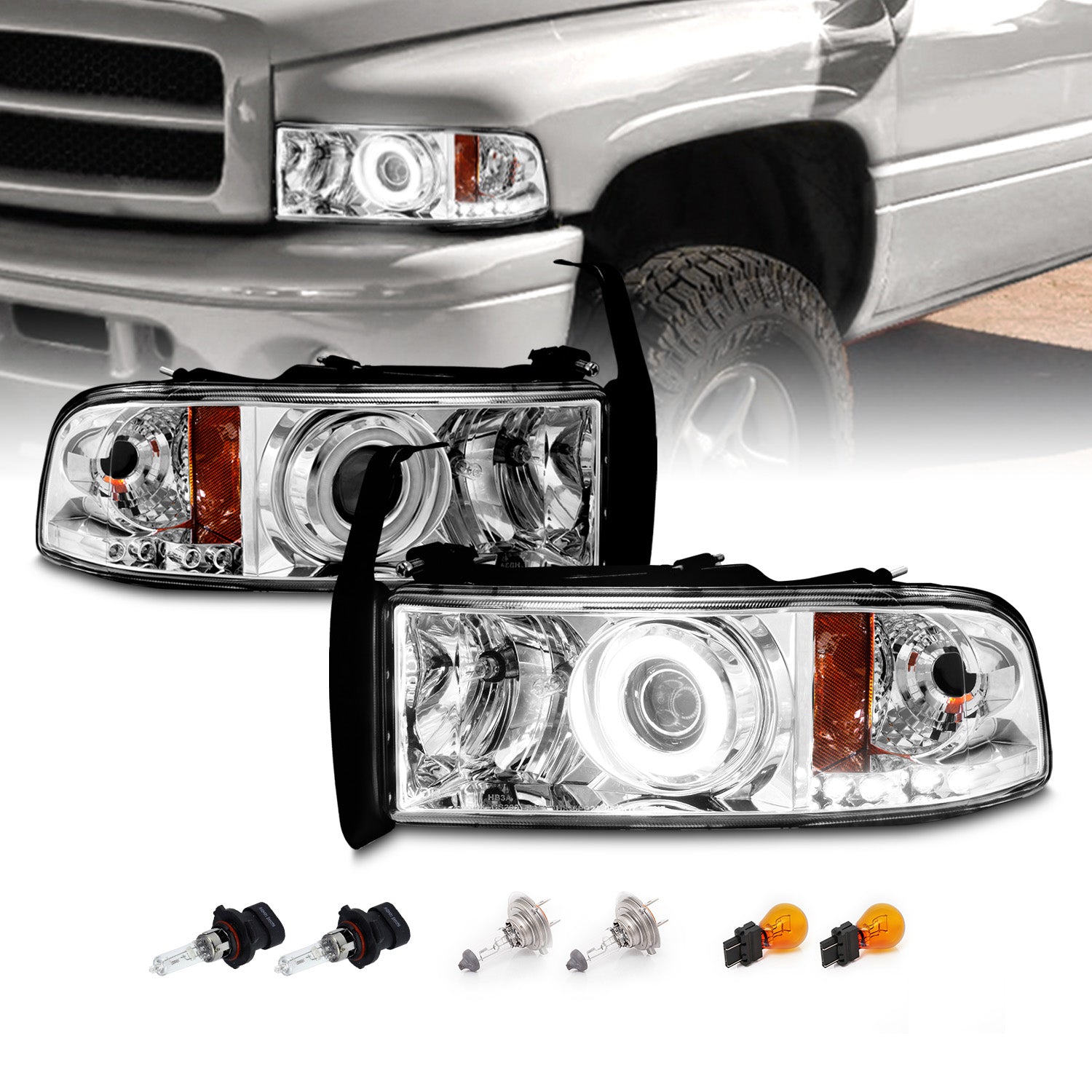 DODGE RAM 94-01 PROJECTOR HEADLIGHTS HALO CHROME CLEAR AMBER (RX HALO)