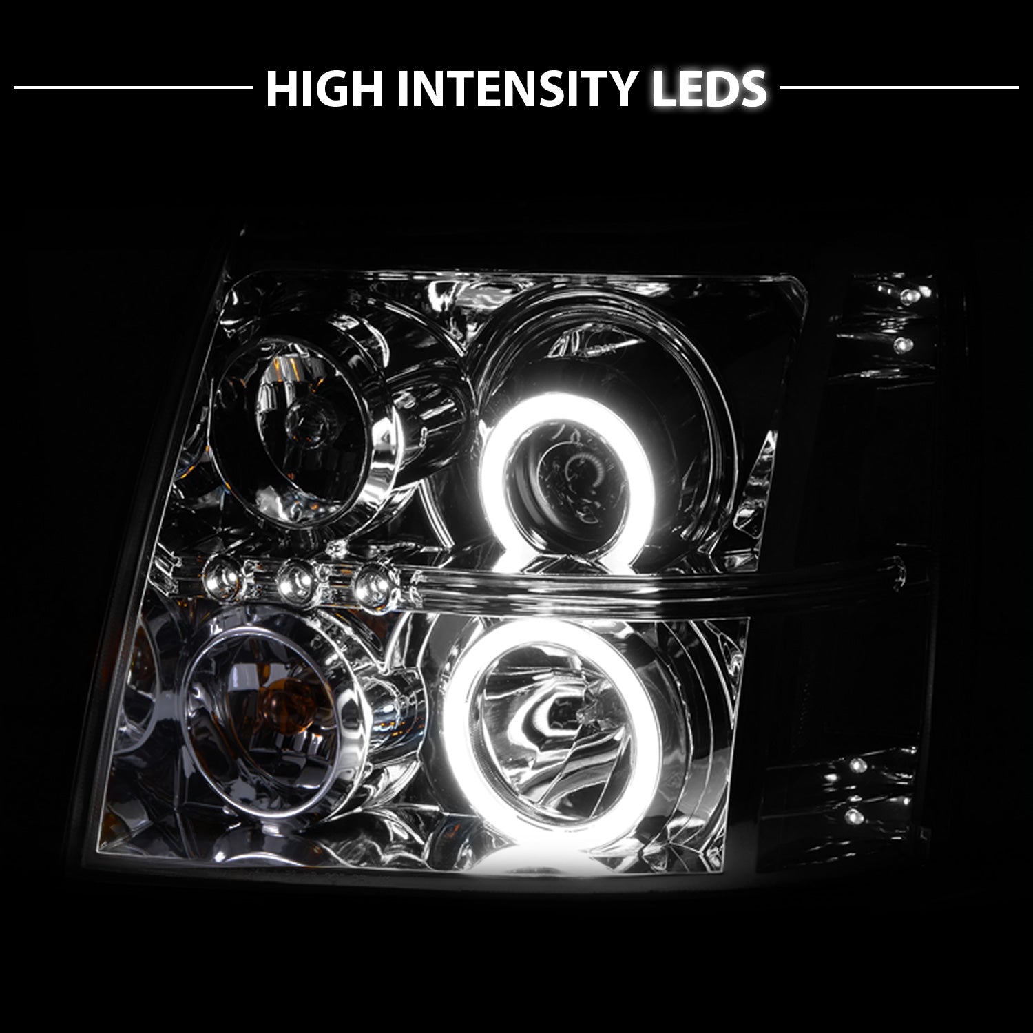 CADILLAC ESCALADE 03-06/ESCALADE ESV 03-06 PROJECTOR HEADLIGHTS HALO CHROME CLEAR AMBER (OEM HID COMPATIBLE) (RX HALO)