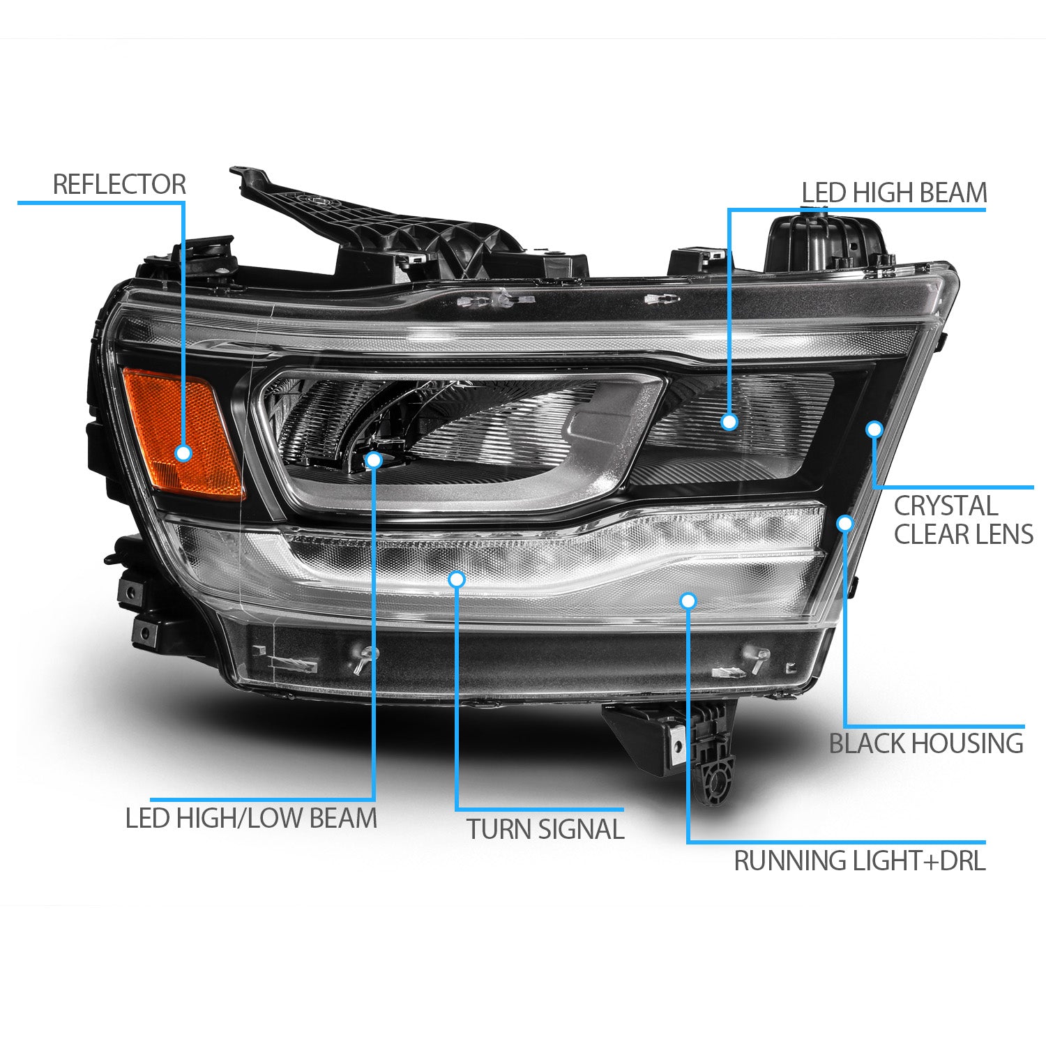 DODGE RAM 1500 (NEW BODY) (FACTORY HALOGEN MODEL) 19-UP  FULL LED HEADLIGHTS BLACK LIGHT BAR W/DRL (RIGHT SIDE)