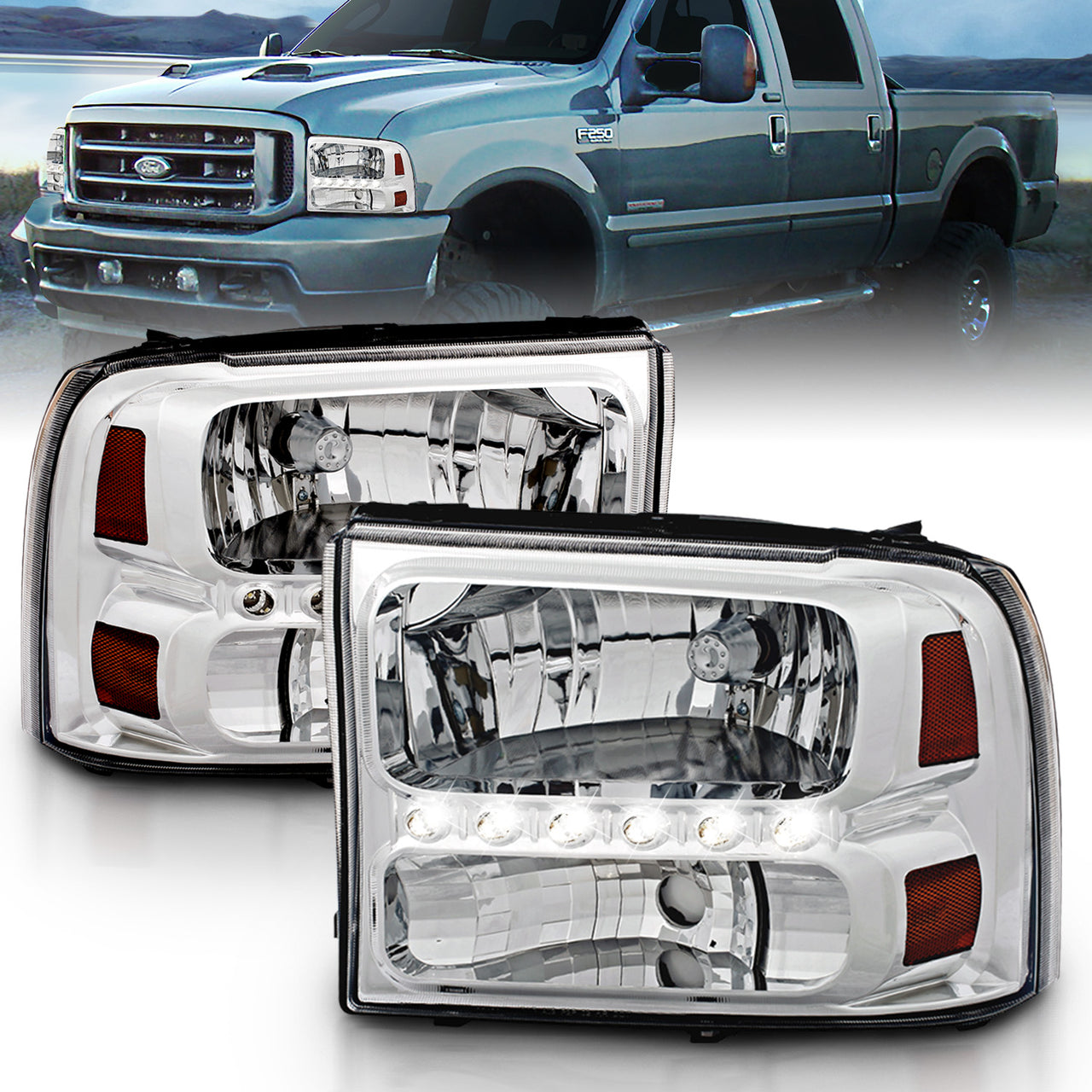 FORD EXCURSION 00-04/SUPER DUTY 99-04 HEADLIGHTS CHROME 1PC AMBER (W/ LED)
