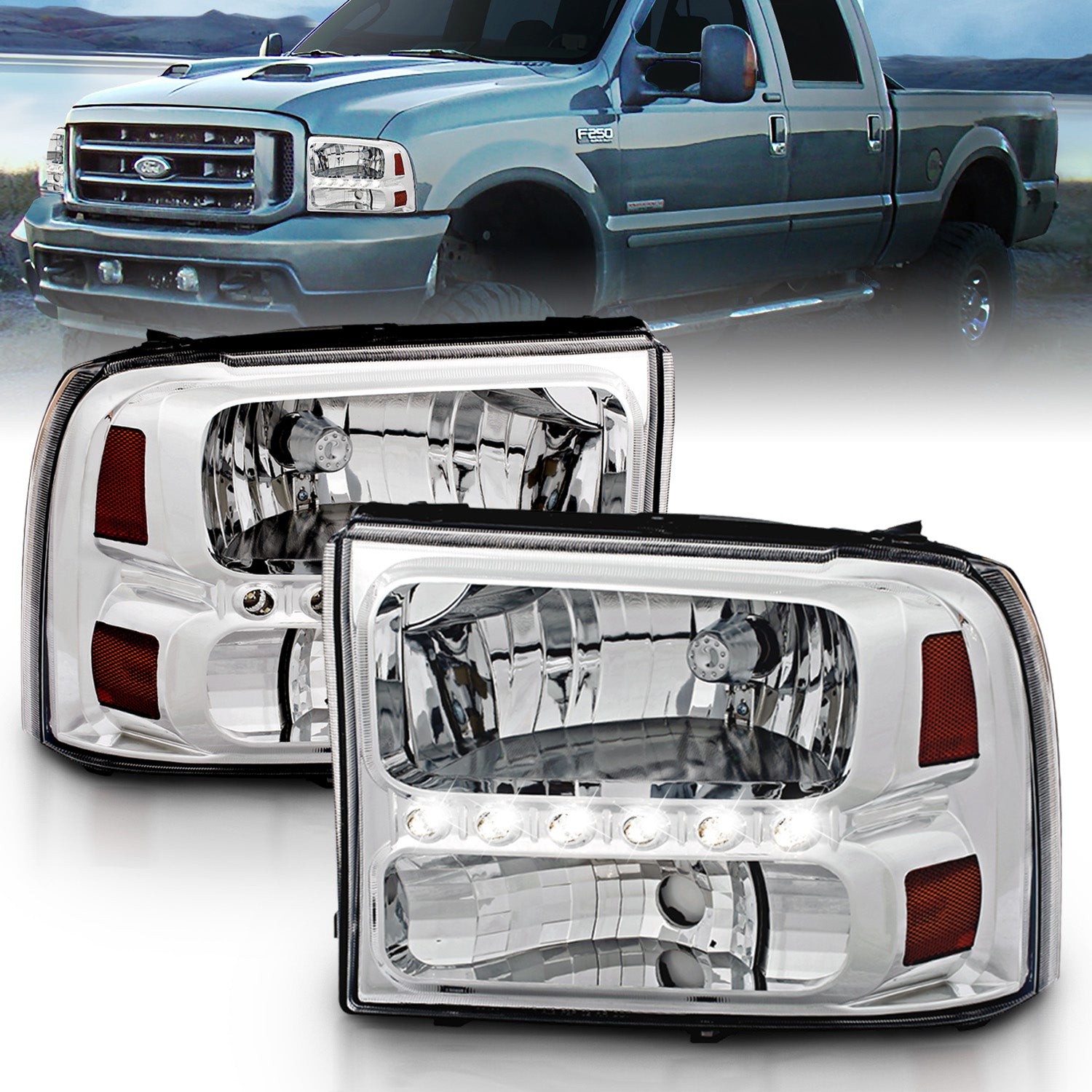 FORD EXCURSION 00-04/SUPER DUTY 99-04 HEADLIGHTS CHROME 1PC AMBER (W/ LED)