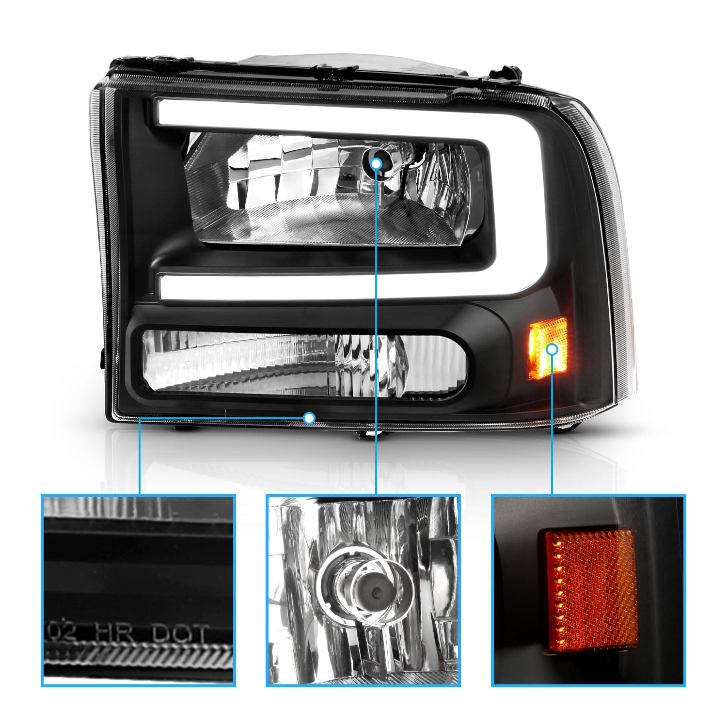 FORD EXCURSION 00-04/SUPER DUTY 99-04  HEADLIGHTS BLACK AMBER (W/ C LIGHT BAR)