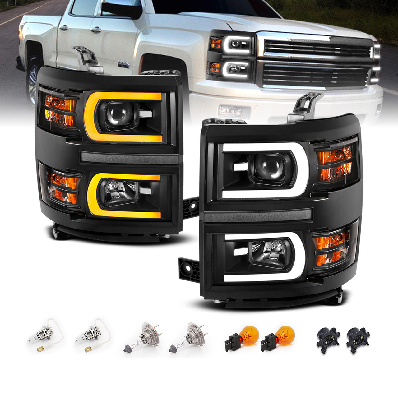 CHEVY SILVERADO 14-15 PROJECTOR SWITCHBACK HEADLIGHTS BLACK AMBER