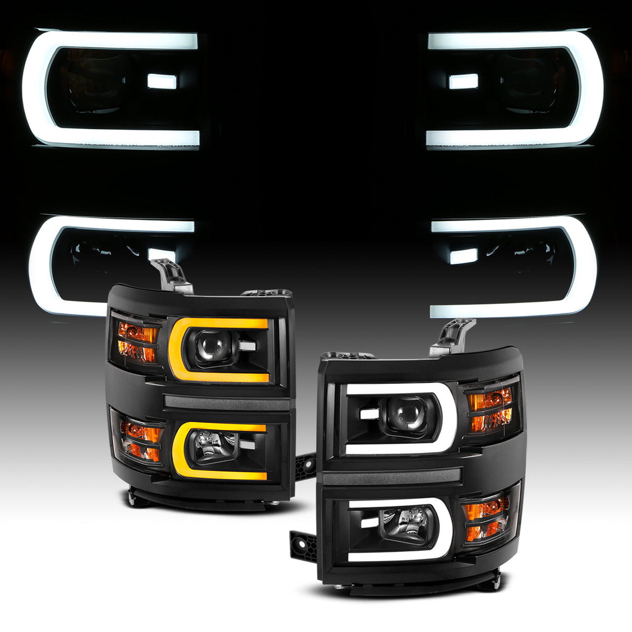 CHEVY SILVERADO 14-15 PROJECTOR SWITCHBACK HEADLIGHTS BLACK AMBER