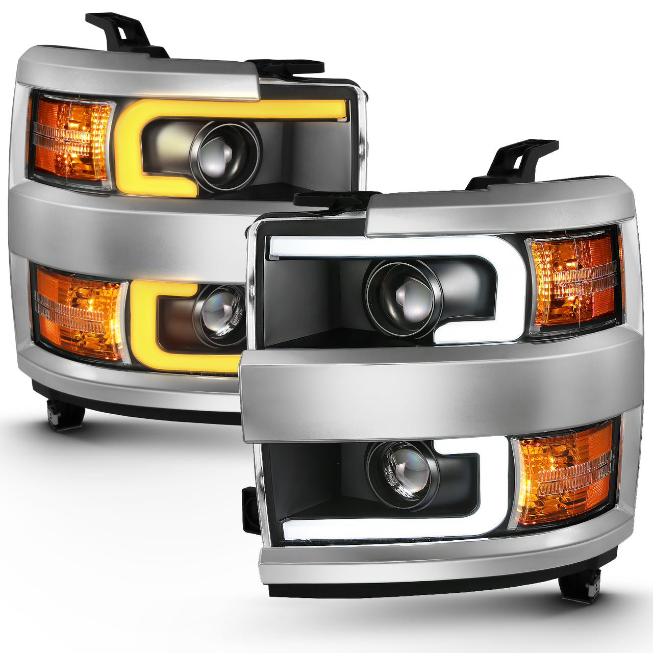 CHEVY SILVERADO 2500HD/3500HD 15-17 PROJECTOR LIGHT BAR STYLE SWITCHBACK HEADLIGHTS BLACK AMBER (CHROME RIM)