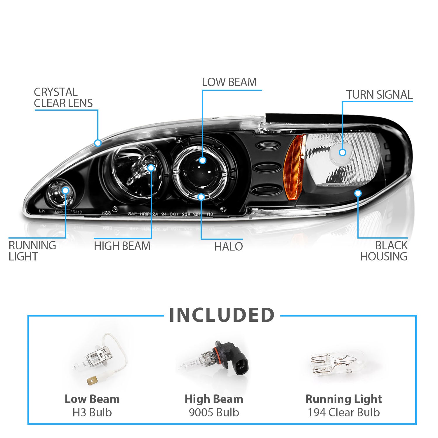 FORD MUSTANG 94-98 1PC PROJECTOR HEADLIGHTS HALO BLACK CLEAR AMBER
