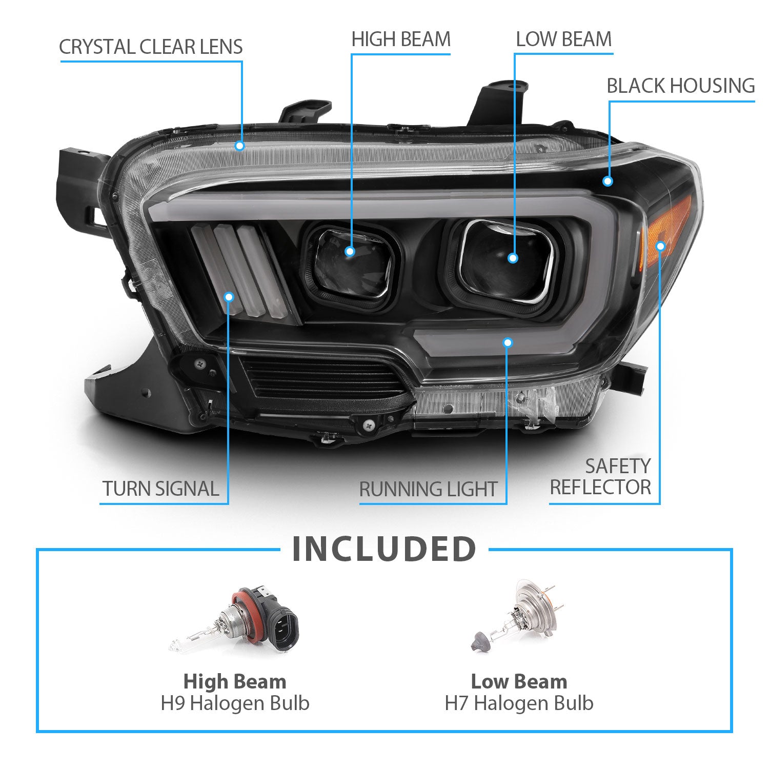 TOYOTA TACOMA 16-23 PROJECTOR LIGHT BAR STYLE SWITCHBACK HEADLIGHTS BLACK AMBER (W/ DRL) (HIGH MODEL)