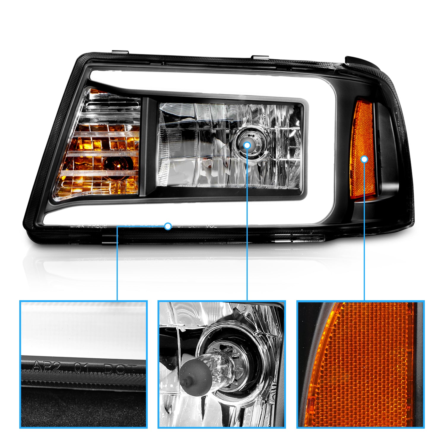 FORD RANGER 01-11 HEADLIGHTS HALO BLACK AMBER  (W/ C LIGHT BAR)