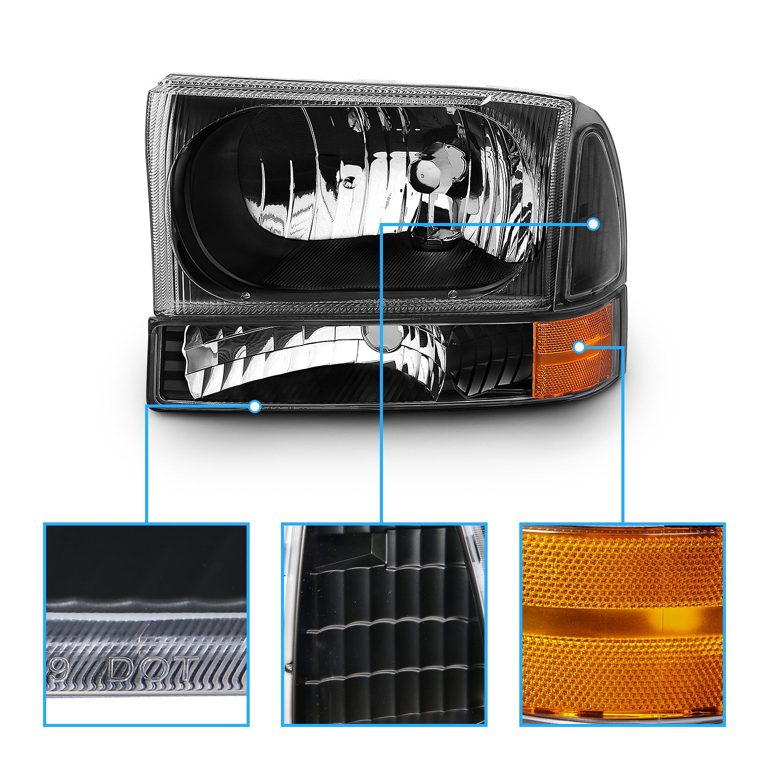 FORD EXCURSION 00-04/SUPER DUTY 99-04 HEADLIGHTS W/ CORNER LIGHTS BLACK AMBER (W/O BULB)