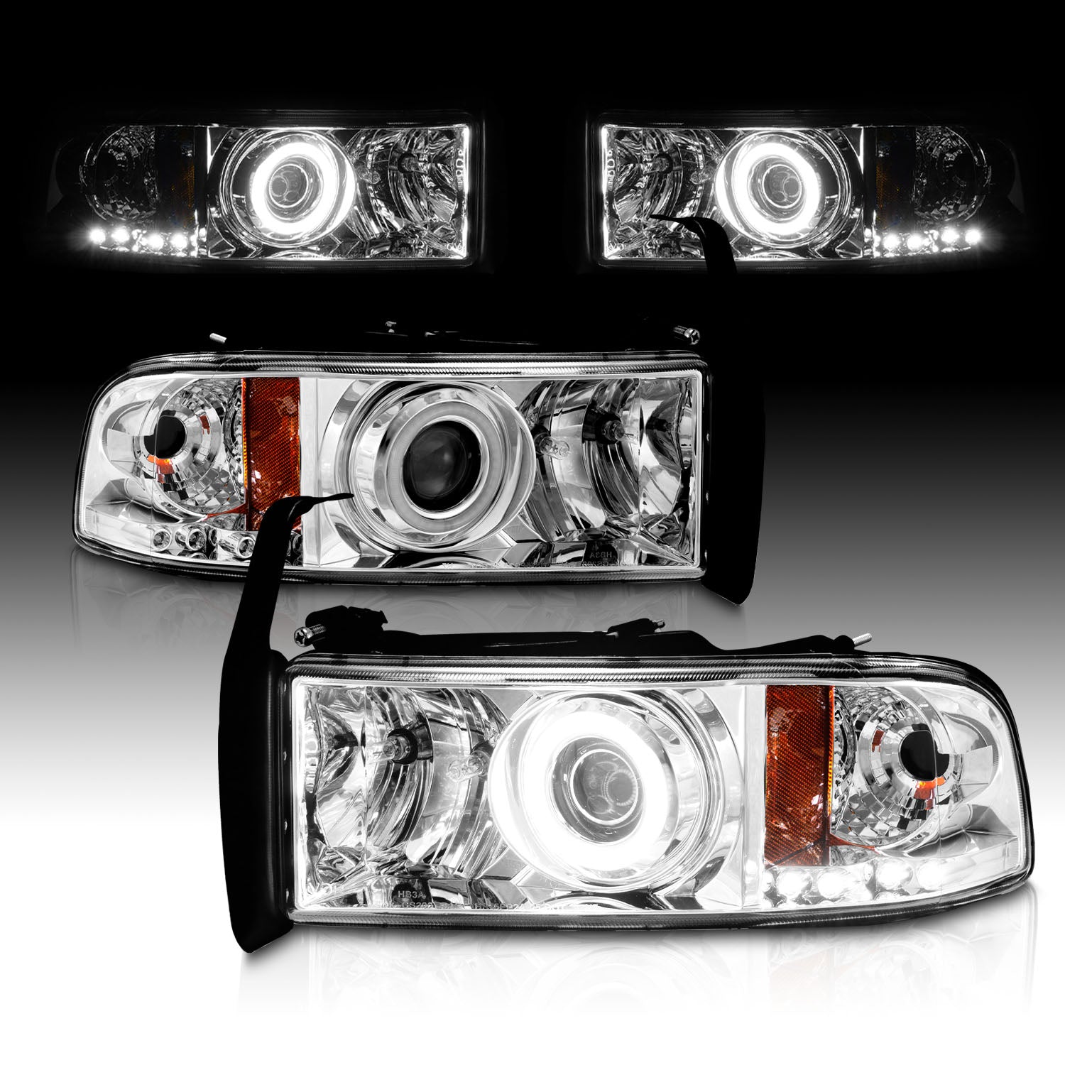 DODGE RAM 94-01 PROJECTOR HEADLIGHTS HALO CHROME CLEAR AMBER (RX HALO)