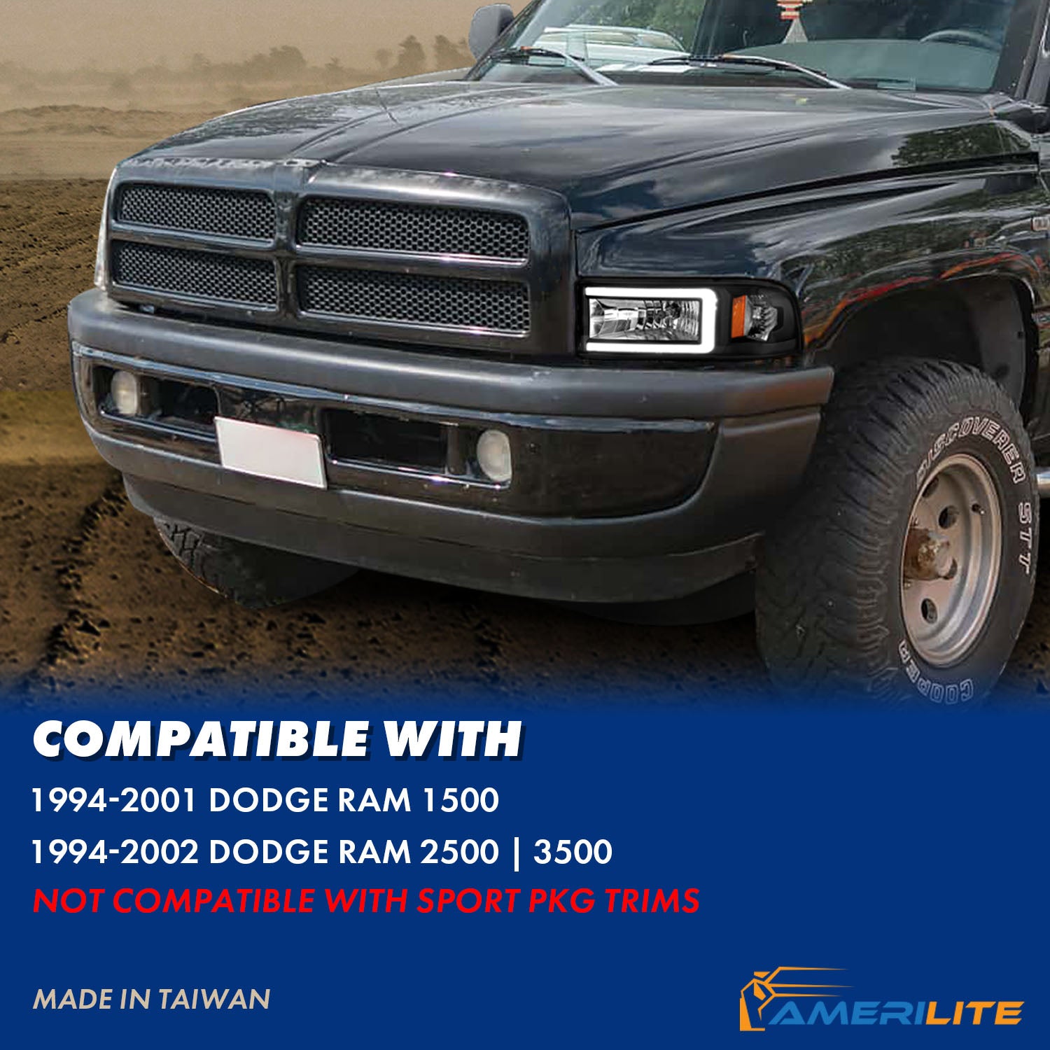DODGE RAM 94-02 HEADLIGHTS BLACK AMBER (W/ C LIGHT BAR)